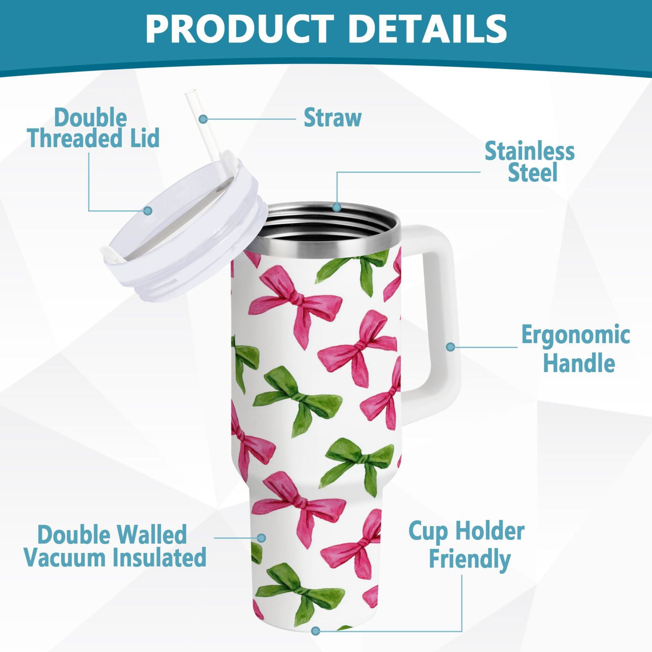 30 oz Insulated Stainless Steel Tumbler Double Wall Stainless Steel Tumbler with 2-Way Drinking Pink Bows and Green Ribbons - SUSJ