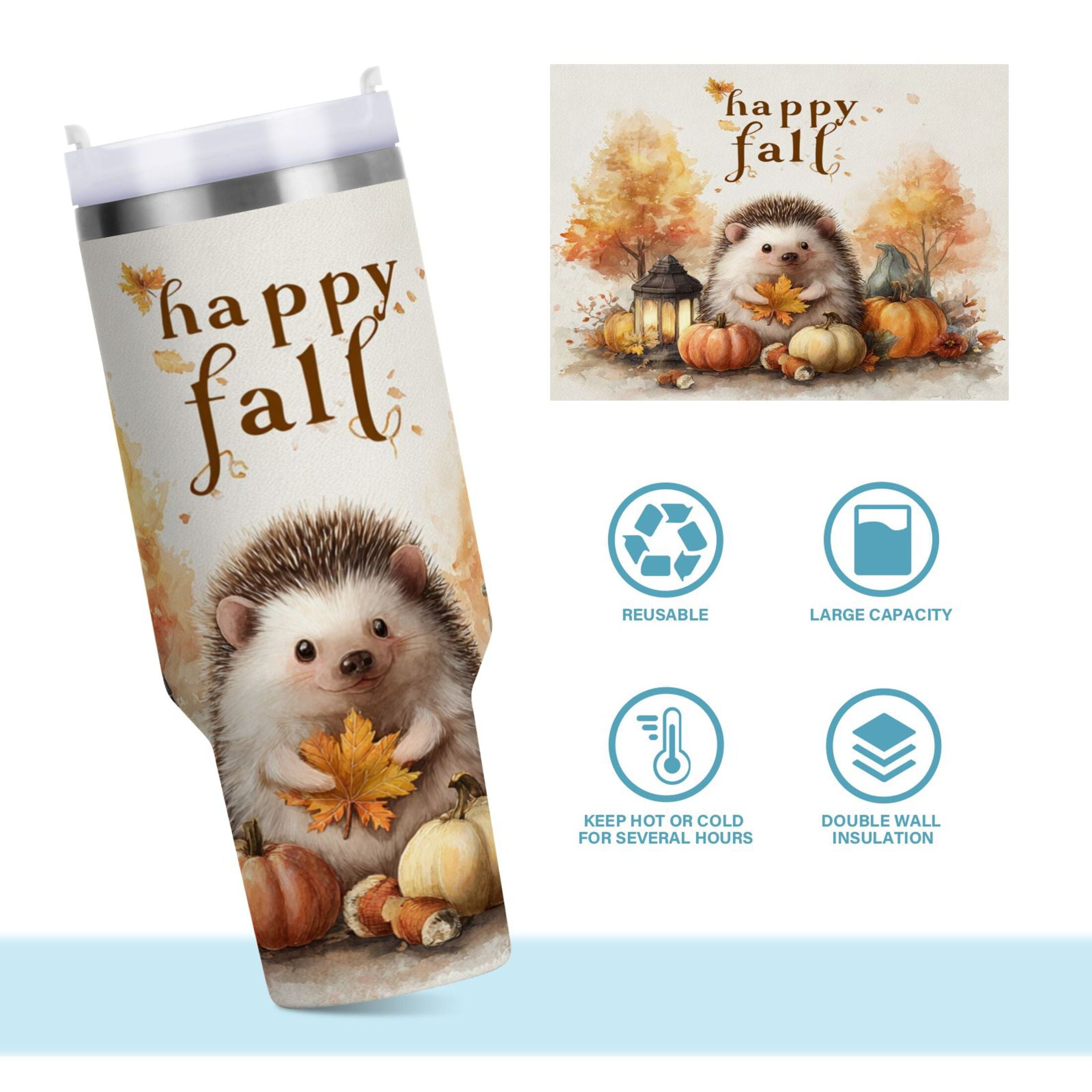 30 oz Insulated Stainless Steel Tumbler Double Wall Stainless Steel Tumbler with 2-Way Drinking Cute Little Hedgehog - L9YJ