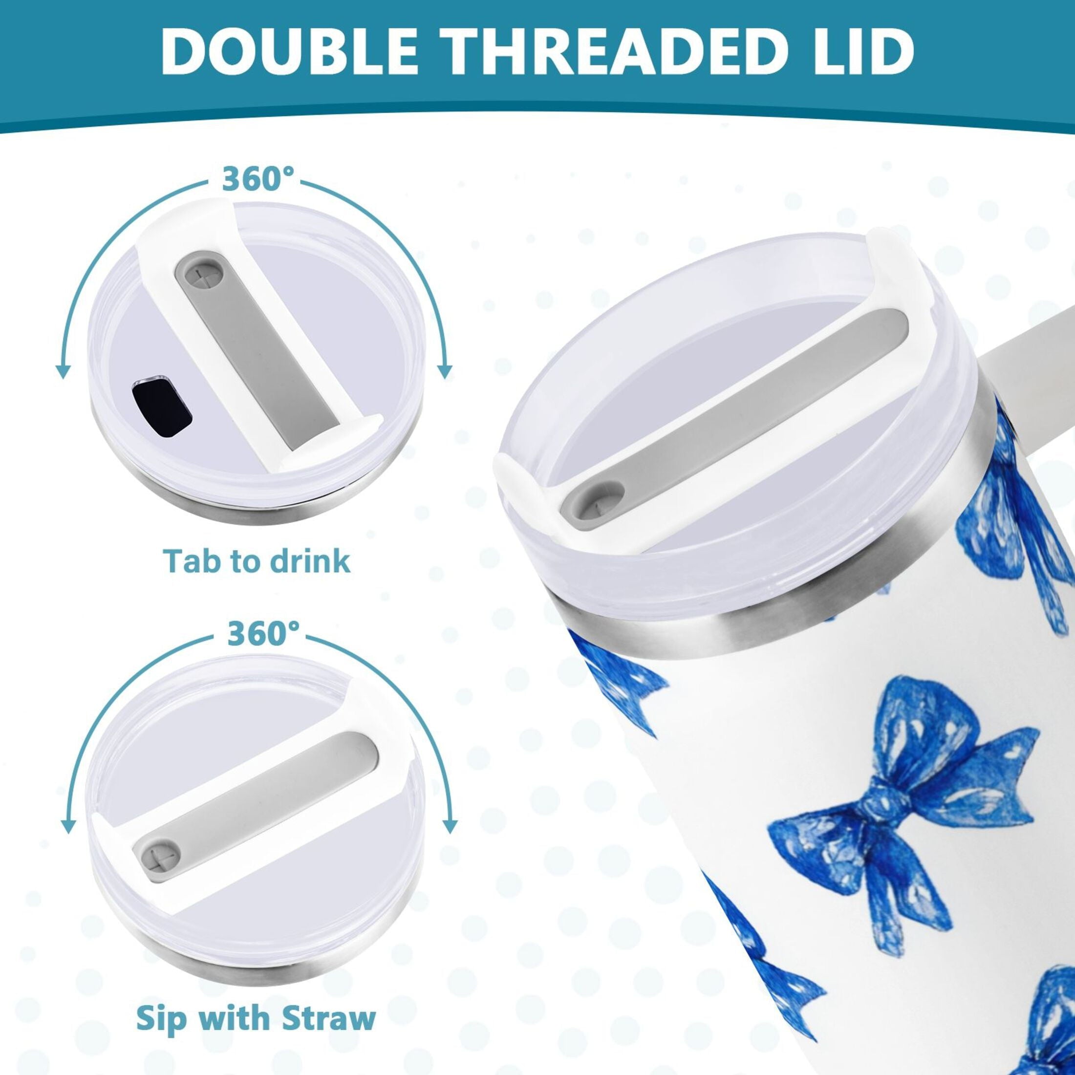 30 oz Insulated Stainless Steel Tumbler Double Wall Stainless Steel Tumbler with 2-Way Drinking Blue Bows Pattern - AZAX