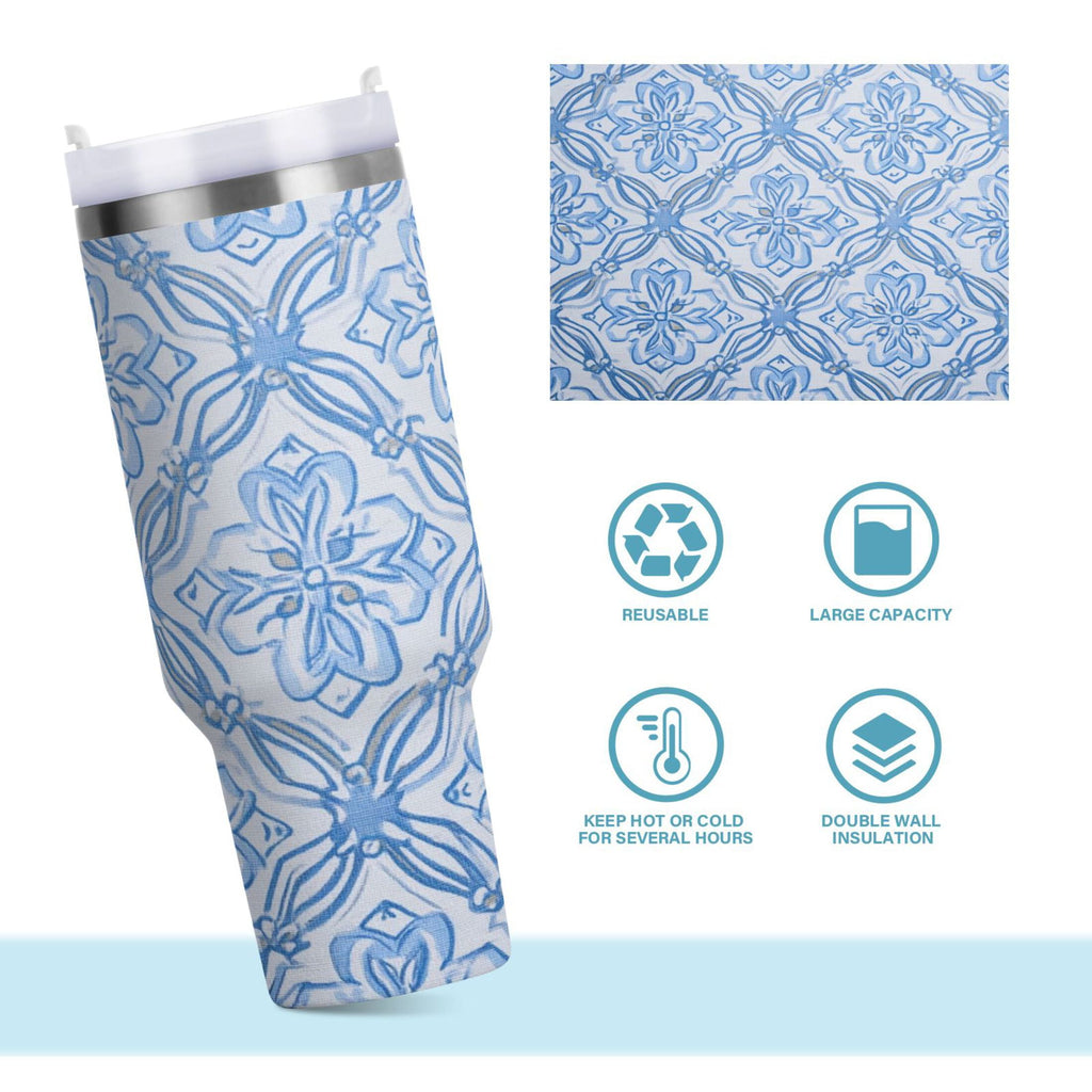 30 oz Insulated Stainless Steel Tumbler Double Wall Stainless Steel Tumbler with 2-Way Drinking Blue Elegant Geometric Design - VATX