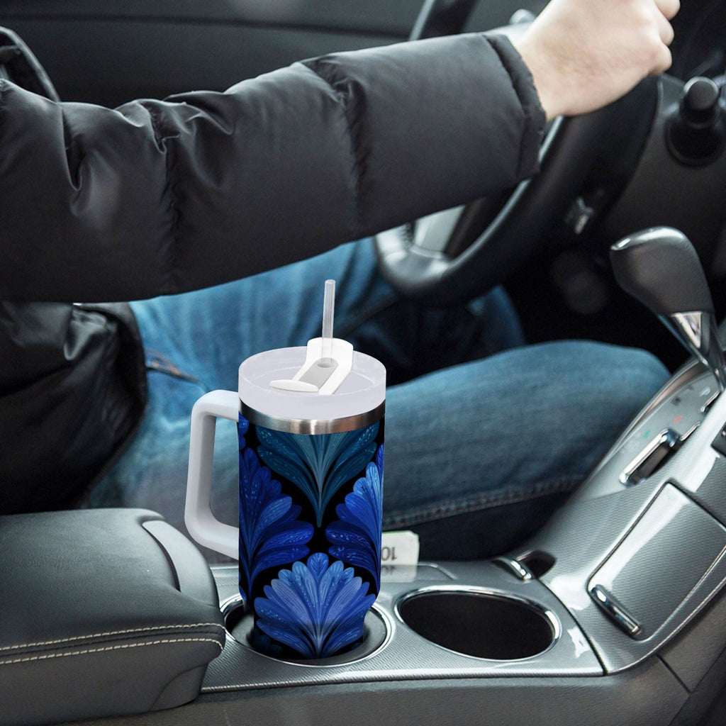 30 oz Insulated Stainless Steel Tumbler Double Wall Stainless Steel Tumbler with 2-Way Drinking Blue Batik Leaves Pattern - UL6C