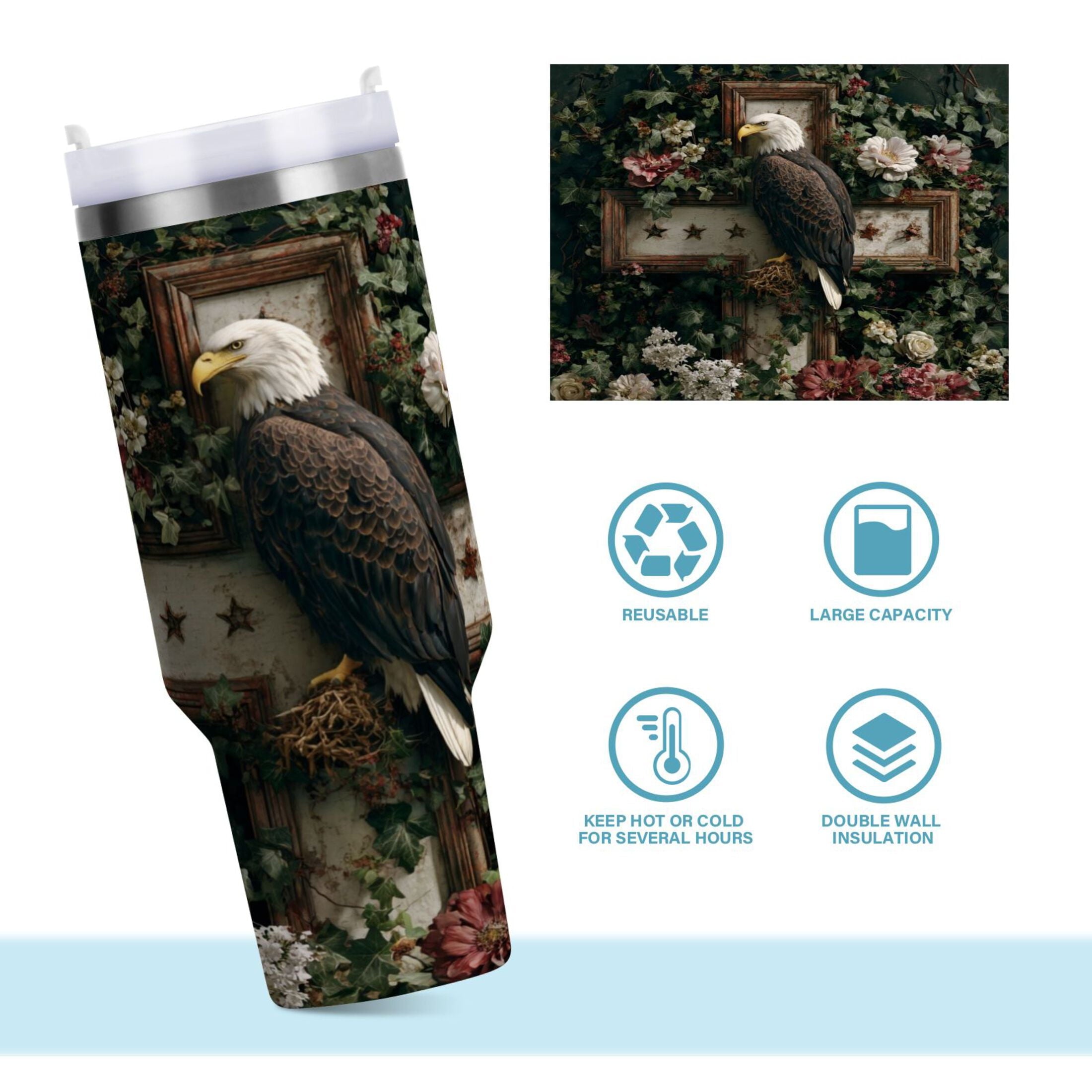 30 oz Insulated Stainless Steel Tumbler Double Wall Stainless Steel Tumbler with 2-Way Drinking Wreath and Bald Eagle - NZSZ