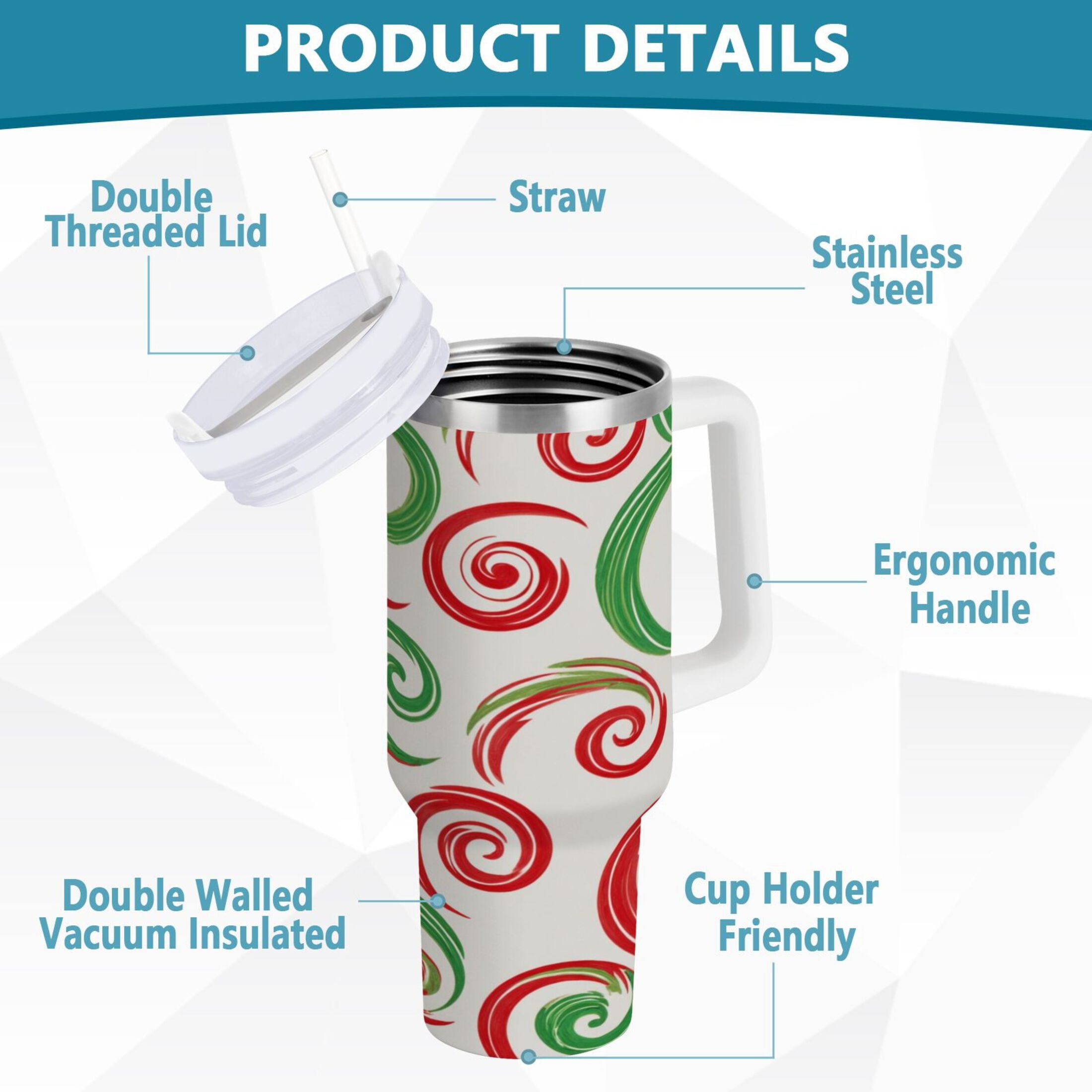 40 oz Insulated Stainless Steel Tumbler Double Wall Stainless Steel Tumbler with 2-Way Drinking Red and Green Swirls - 3TLR