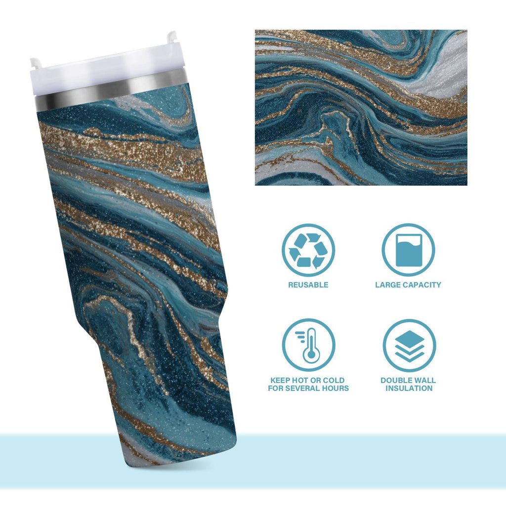 30 oz Insulated Stainless Steel Tumbler Double Wall Stainless Steel Tumbler with 2-Way Drinking Blue and Gold Swirling - 97J3