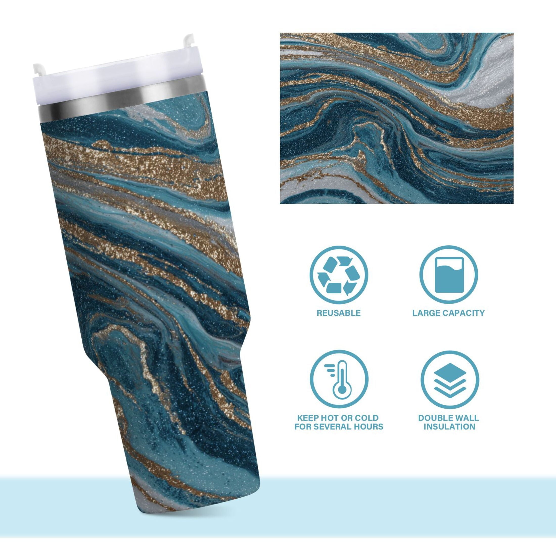 30 oz Insulated Stainless Steel Tumbler Double Wall Stainless Steel Tumbler with 2-Way Drinking Blue and Gold Swirling - 97J3