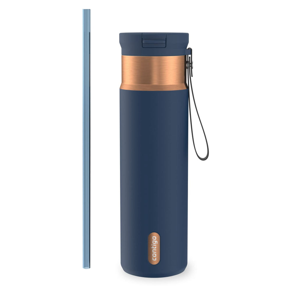 Contigo SnapSeal Leakproof Stainless Steel Reusable Water Bottle with Carrying Strap, Dark Blue/Bronze, 24 oz - HCHU