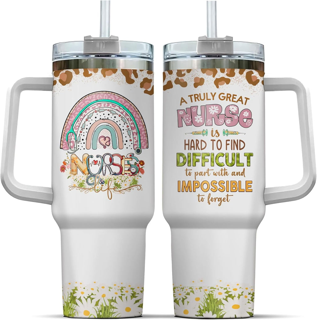 Tumbler 40 Oz With Handle Lid And Straw, Nurse Gifts, Black Camo White Engraved Print Travel Nurses Tumblers Handle Funny Cups Nursing For, Great Nurse Rainbow Daisy Flower - 2XKU