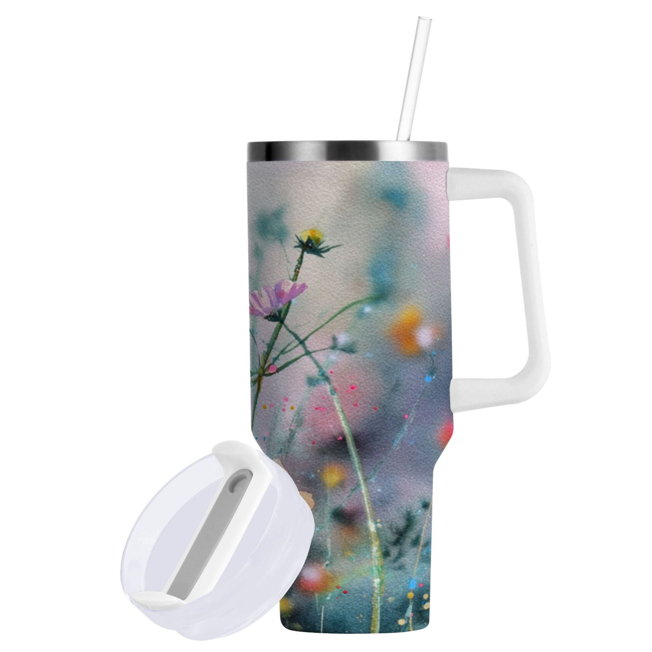 40 oz Insulated Stainless Steel Tumbler Double Wall Stainless Steel Tumbler with 2-Way Drinking Abstract Wildflowers - XZH3