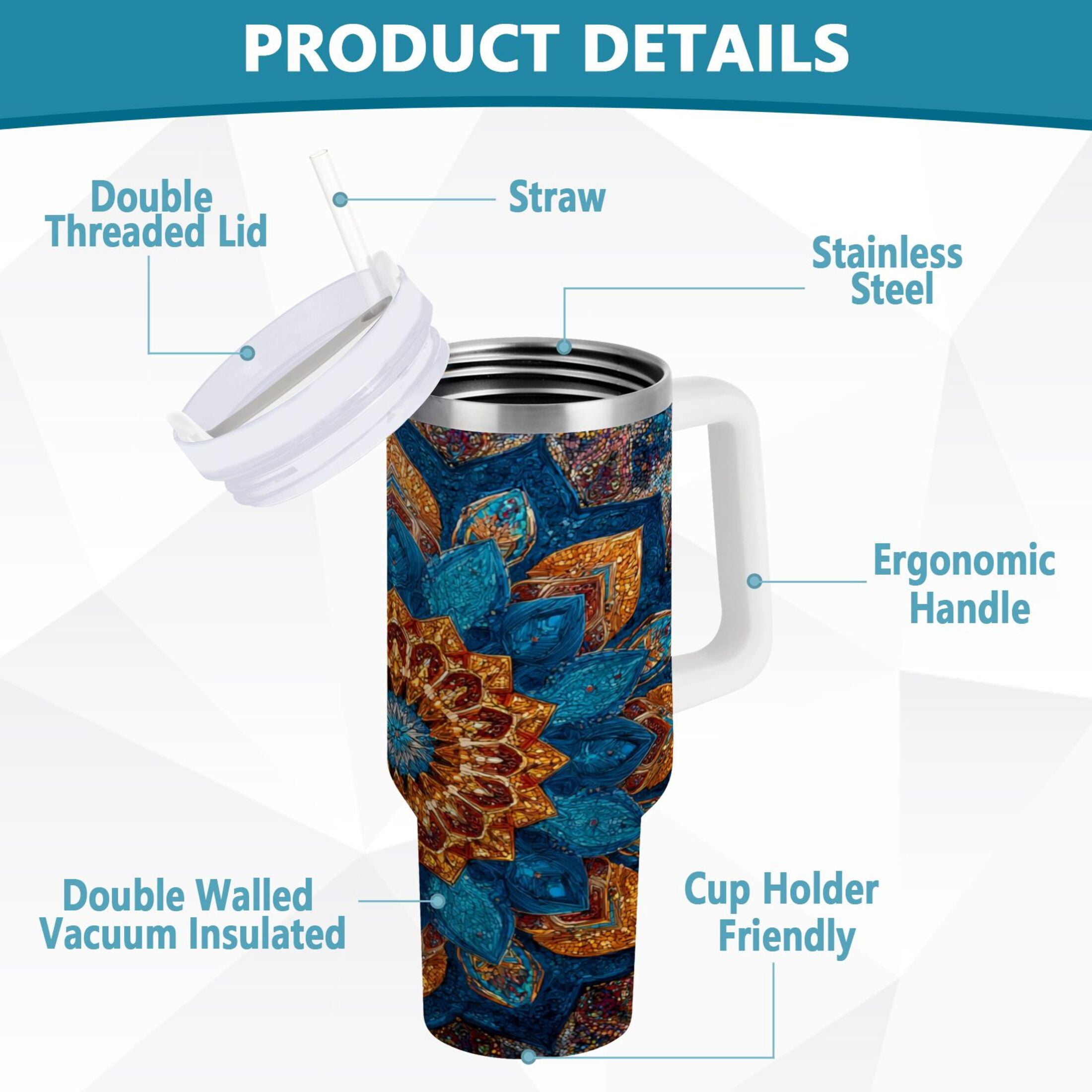 40 oz Insulated Stainless Steel Tumbler Double Wall Stainless Steel Tumbler with 2-Way Drinking Intricate Geometric Shapes - KF7B