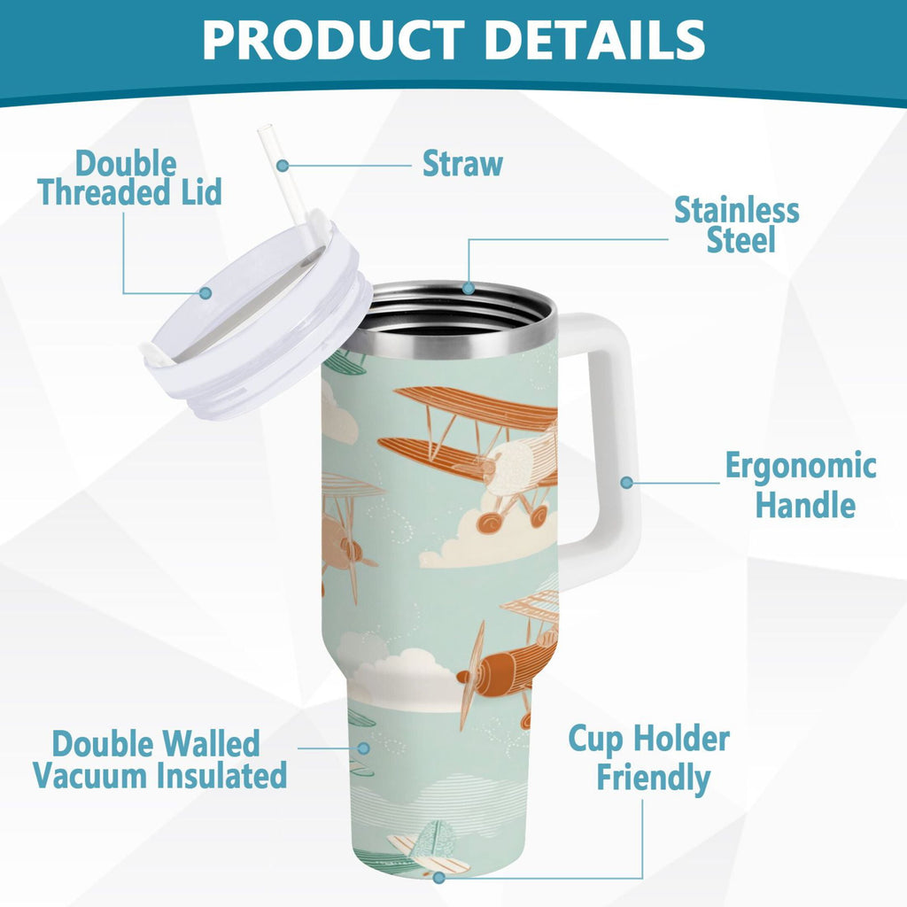 40 oz Insulated Stainless Steel Tumbler Double Wall Stainless Steel Tumbler with 2-Way Drinking Cute Airplanes - MLKJ