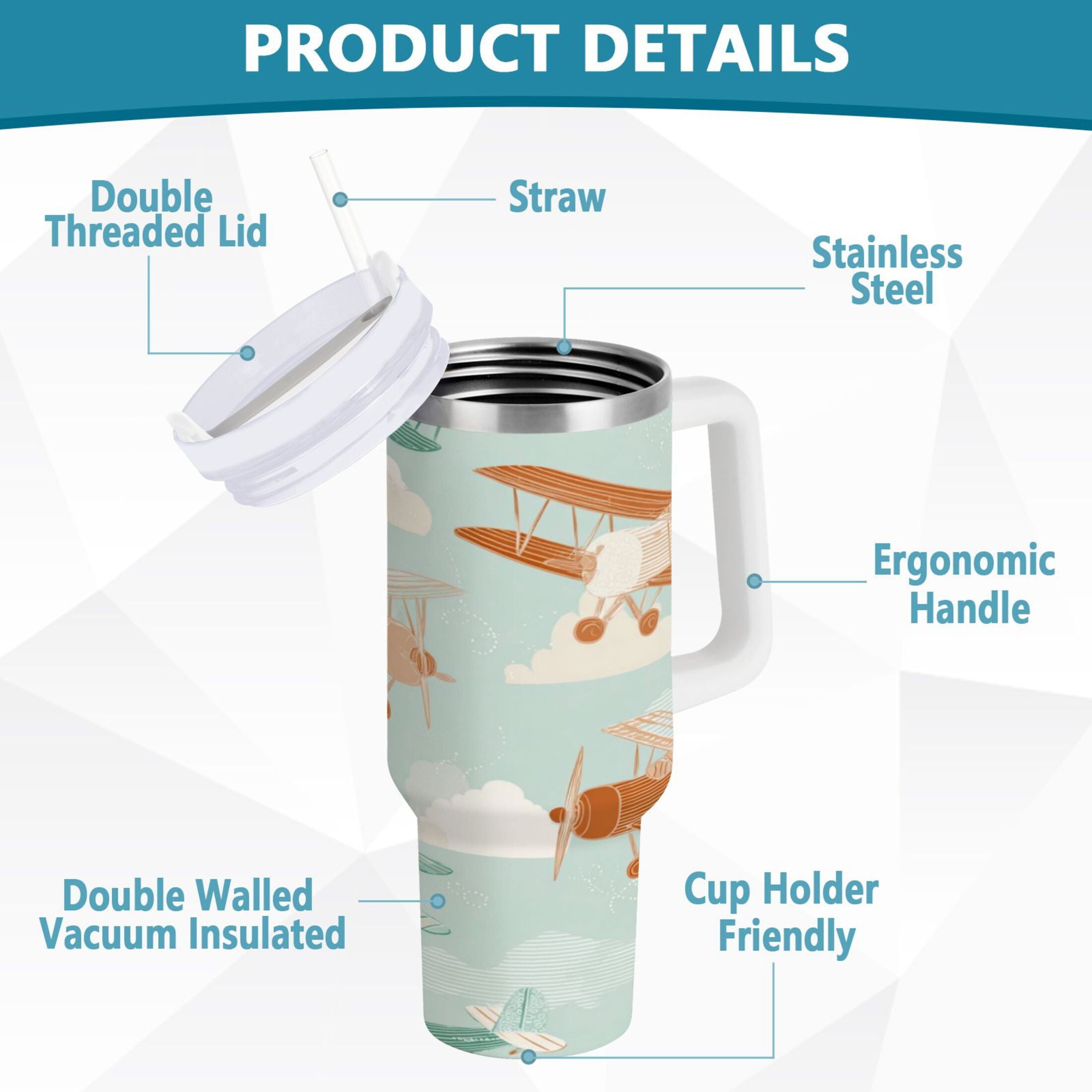 40 oz Insulated Stainless Steel Tumbler Double Wall Stainless Steel Tumbler with 2-Way Drinking Cute Airplanes - MLKJ