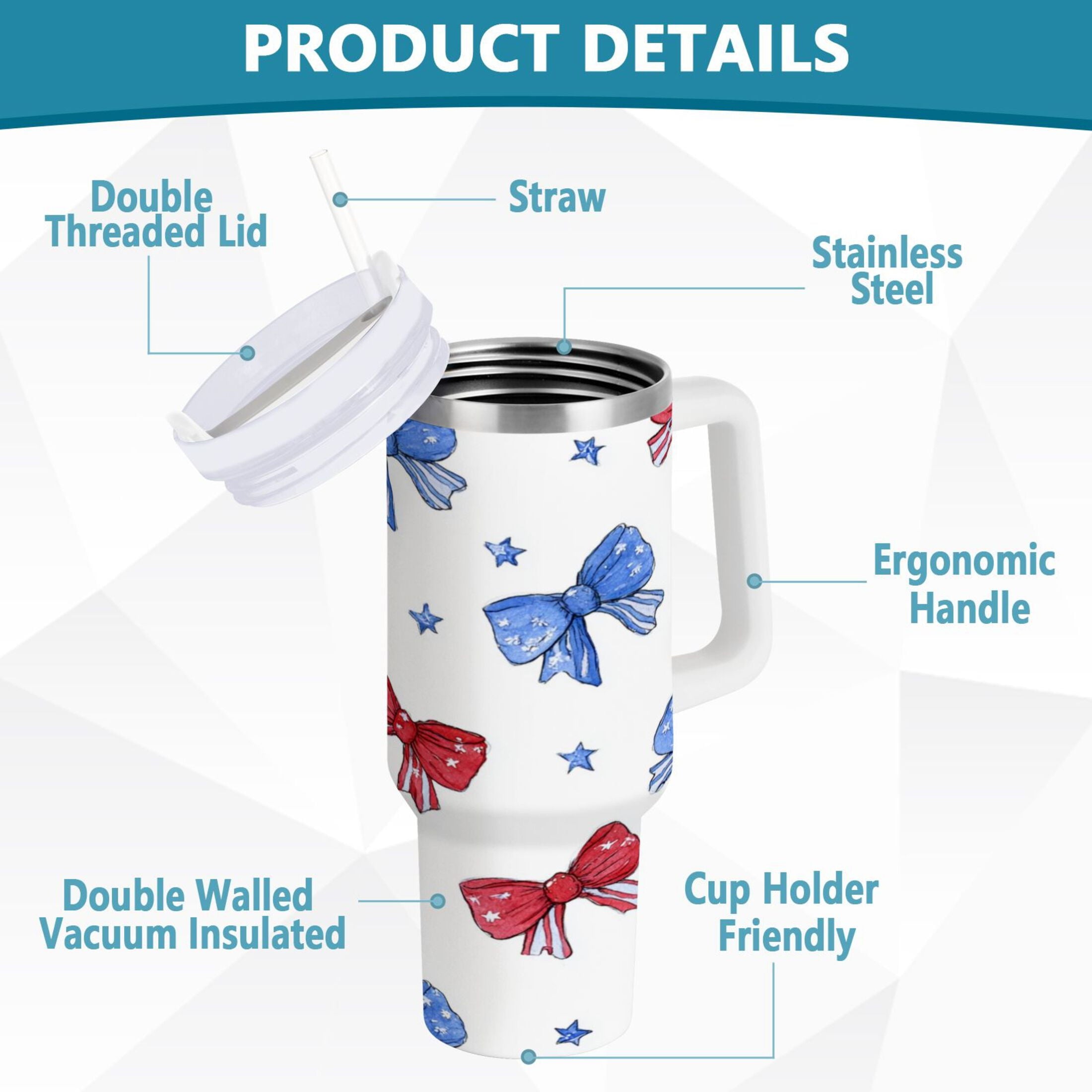 40 oz Insulated Stainless Steel Tumbler Double Wall Stainless Steel Tumbler with 2-Way Drinking Hand-drawn Bows - RTPG