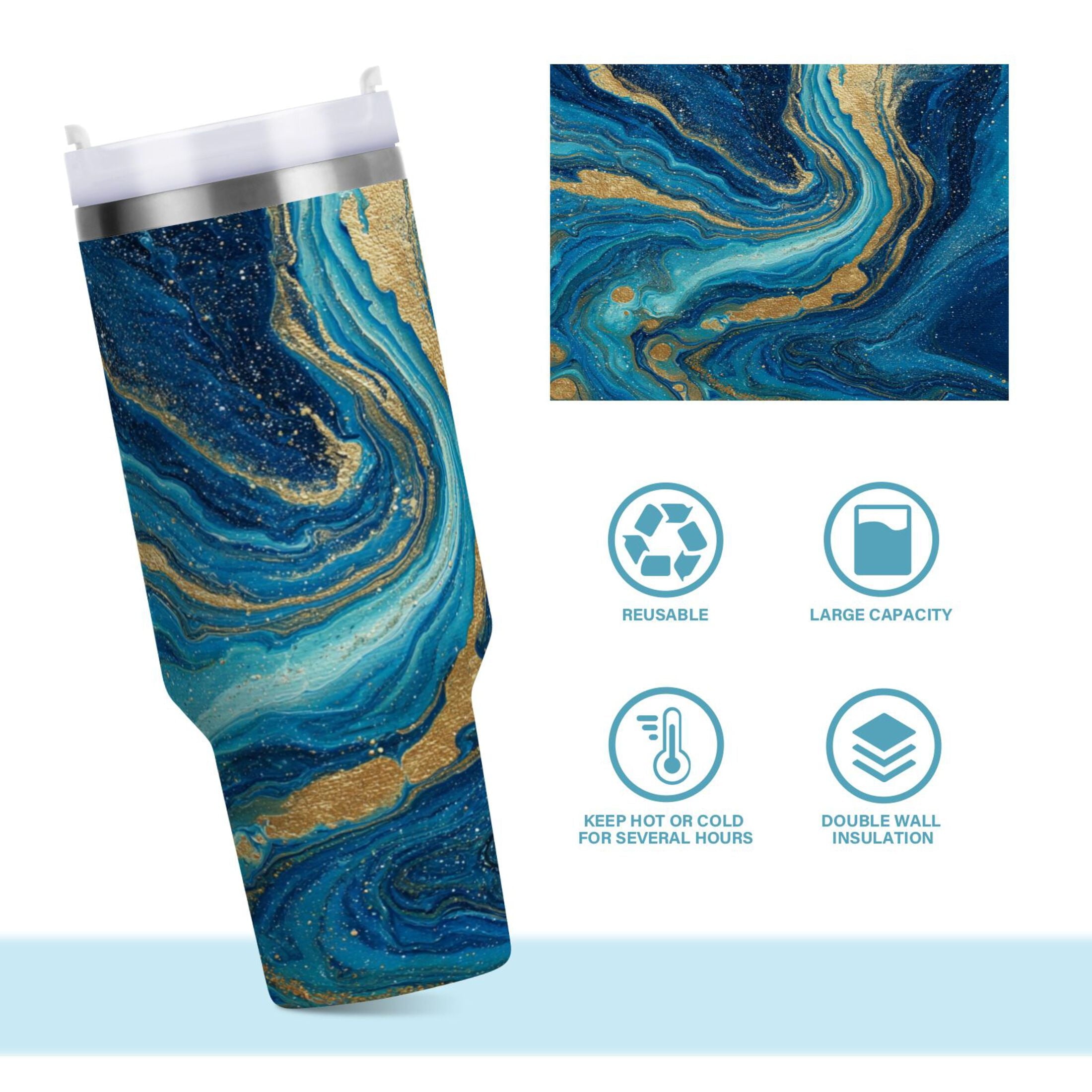 30 oz Insulated Stainless Steel Tumbler Double Wall Stainless Steel Tumbler with 2-Way Drinking Blue and Gold Ocean - QWF4