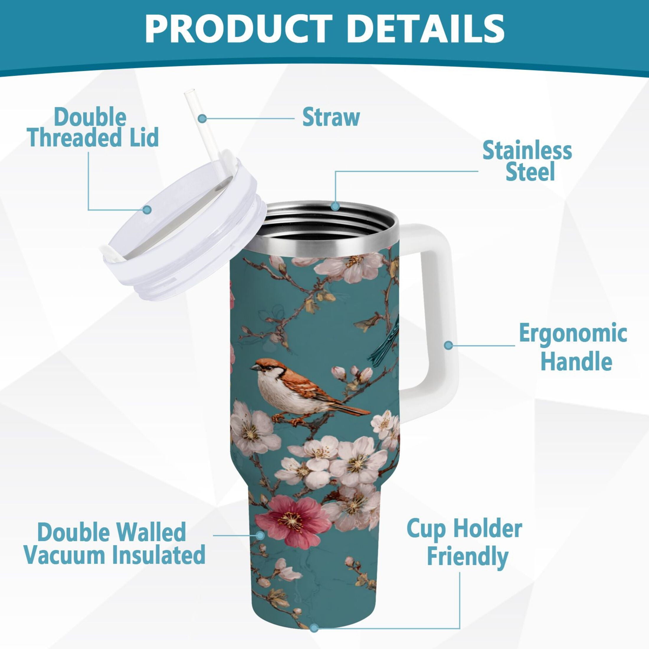 30 oz Insulated Stainless Steel Tumbler Double Wall Stainless Steel Tumbler with 2-Way Drinking Birds and Cherry Pattern - HXWC