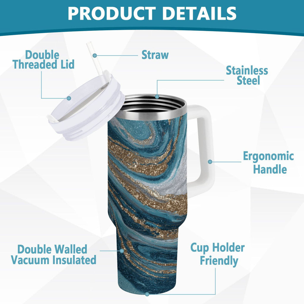 30 oz Insulated Stainless Steel Tumbler Double Wall Stainless Steel Tumbler with 2-Way Drinking Blue and Gold Swirling - 97J3