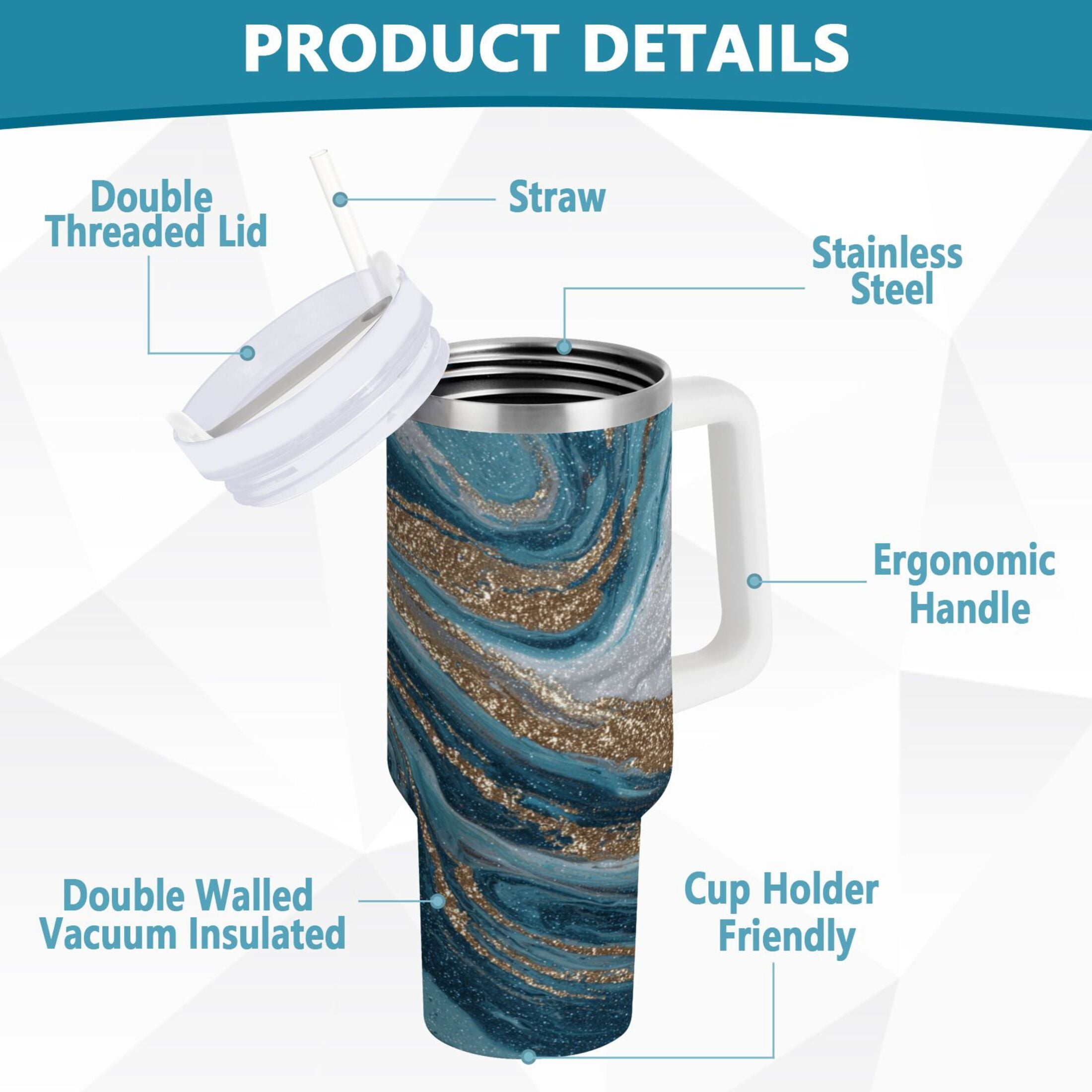 30 oz Insulated Stainless Steel Tumbler Double Wall Stainless Steel Tumbler with 2-Way Drinking Blue and Gold Swirling - 97J3