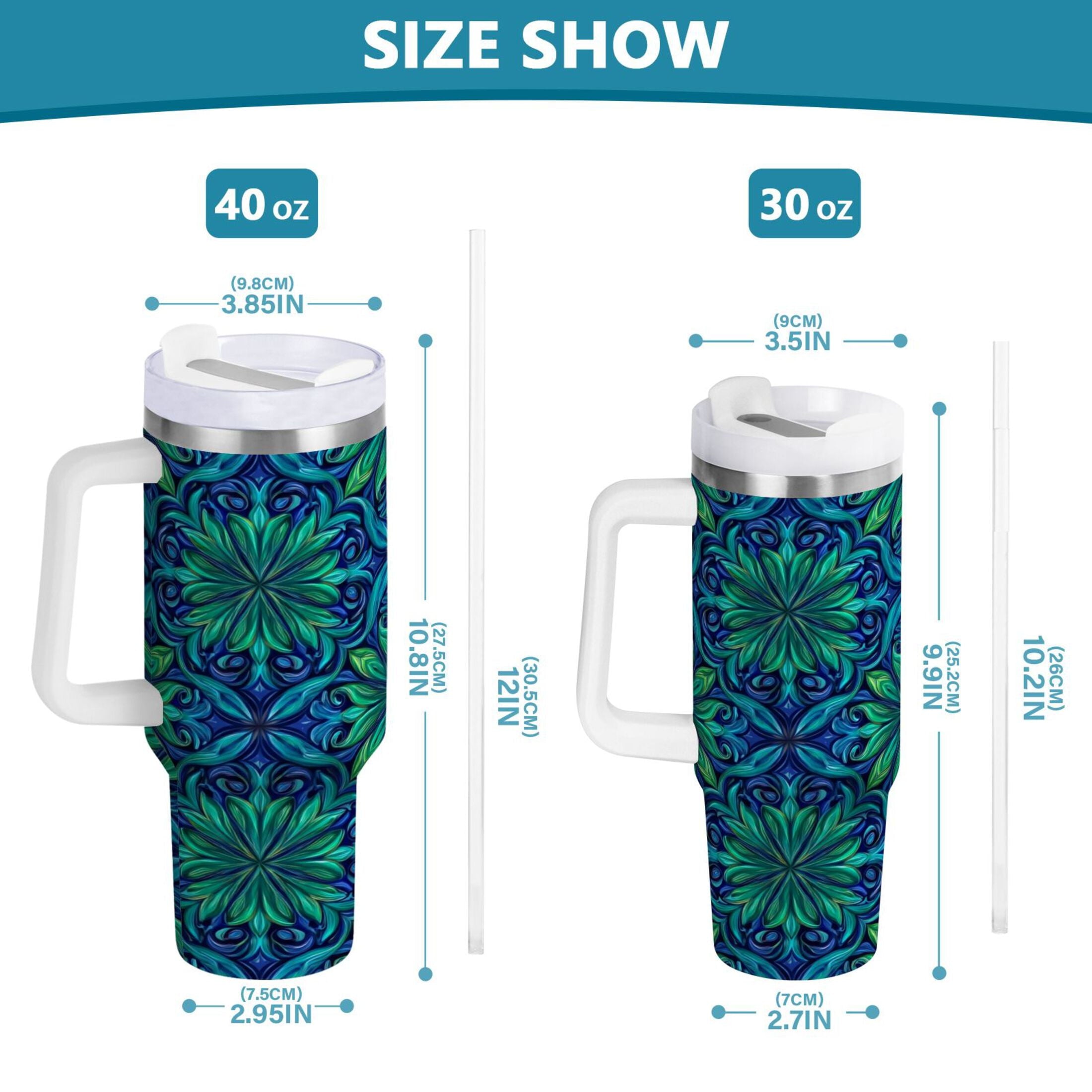 40 oz Insulated Stainless Steel Tumbler Double Wall Stainless Steel Tumbler with 2-Way Drinking Elegant Blue Traditional Patterns - KMPM