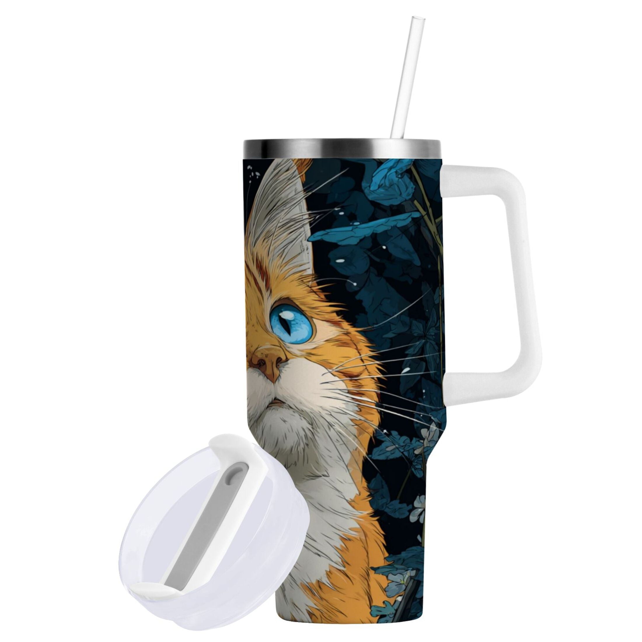 30 oz Insulated Stainless Steel Tumbler Double Wall Stainless Steel Tumbler with 2-Way Drinking Orange Cat with Blue Eyes - JJWJ