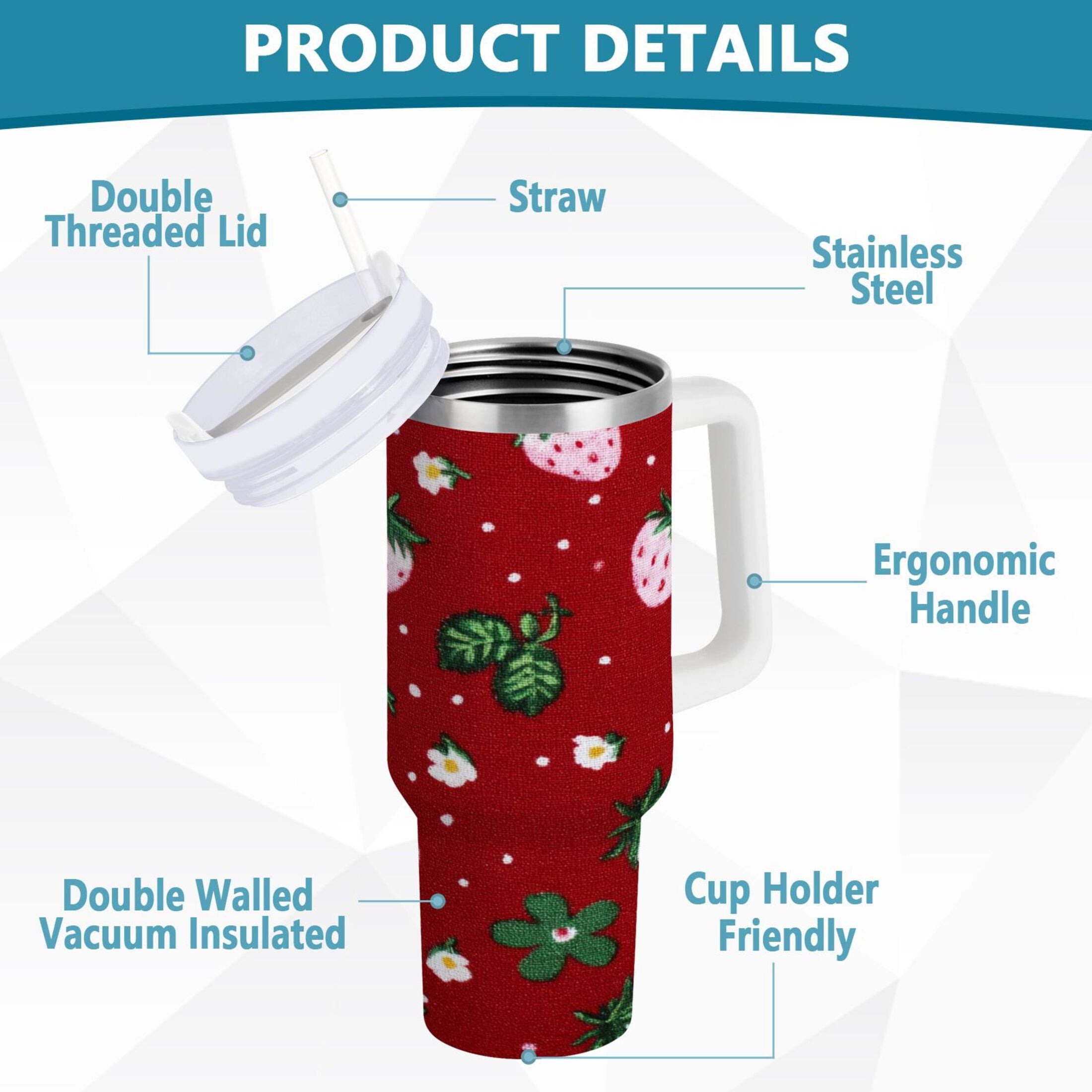 30 oz Insulated Stainless Steel Tumbler Double Wall Stainless Steel Tumbler with 2-Way Drinking Cute Pink Strawberry Pattern - L6WF