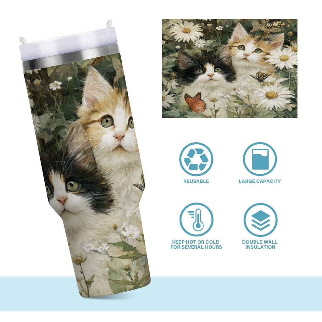 30 oz Insulated Stainless Steel Tumbler Double Wall Stainless Steel Tumbler with 2-Way Drinking Adorable Cats and Daisies - XUTJ