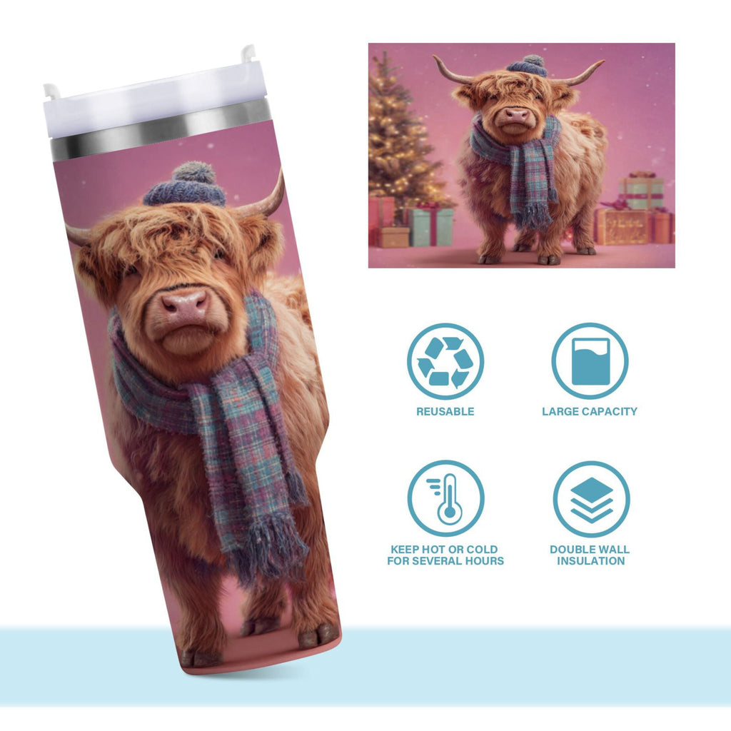 30 oz Insulated Stainless Steel Tumbler Double Wall Stainless Steel Tumbler with 2-Way Drinking Cow Wearing Christmas - 6PSV