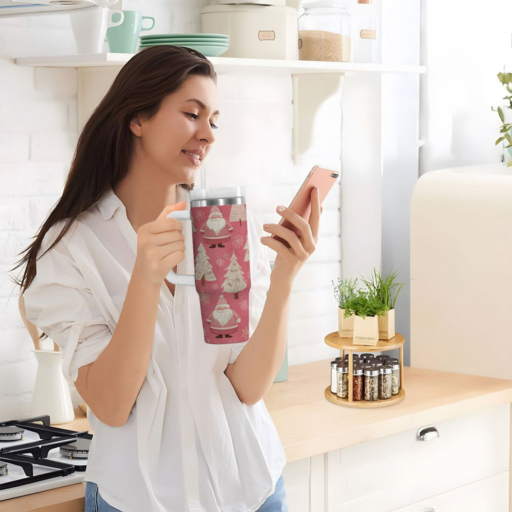 40 oz Insulated Stainless Steel Tumbler Double Wall Stainless Steel Tumbler with 2-Way Drinking Pink Santa Claus Pattern - XK26