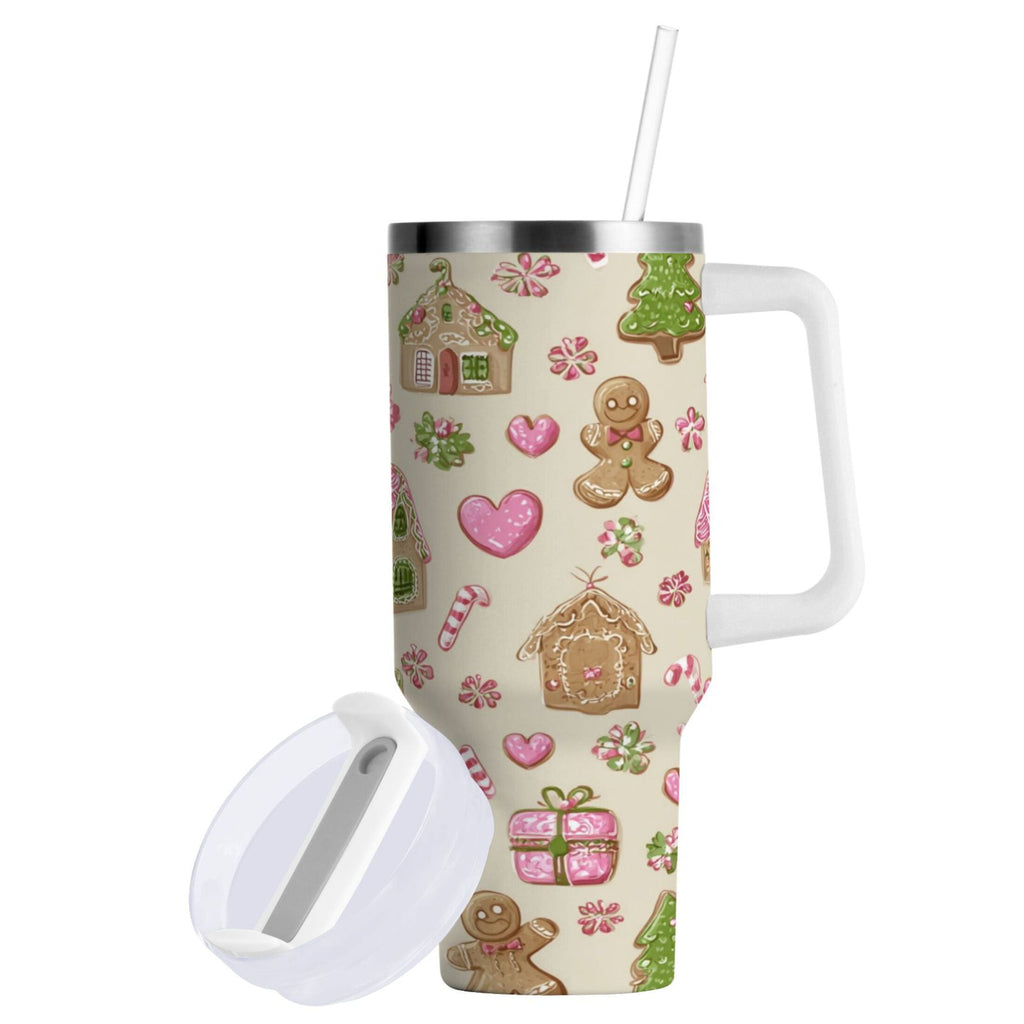 40 oz Insulated Stainless Steel Tumbler Double Wall Stainless Steel Tumbler with 2-Way Drinking Pink Cute Christmas Pattern - HMD4