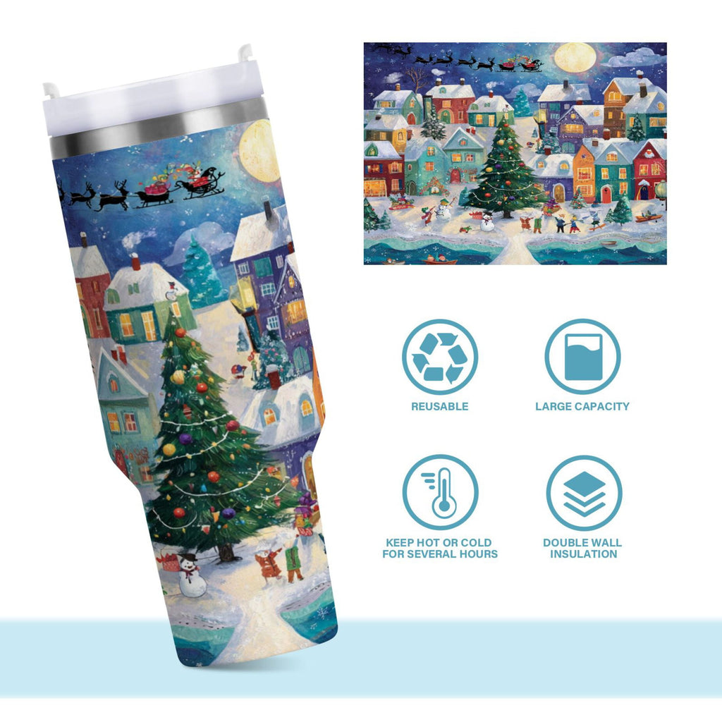 30 oz Insulated Stainless Steel Tumbler Double Wall Stainless Steel Tumbler with 2-Way Drinking Charming Christmas Scene - TZRD