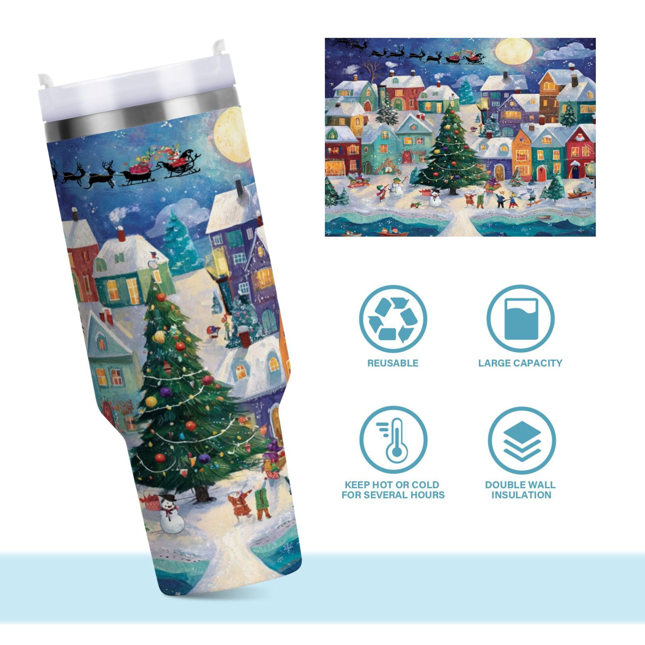 30 oz Insulated Stainless Steel Tumbler Double Wall Stainless Steel Tumbler with 2-Way Drinking Charming Christmas Scene - TZRD