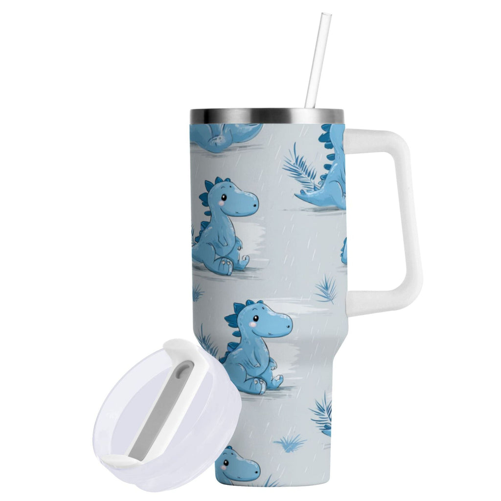 30 oz Insulated Stainless Steel Tumbler Double Wall Stainless Steel Tumbler with 2-Way Drinking Cartoon Blue Dinosaurs - LJEG