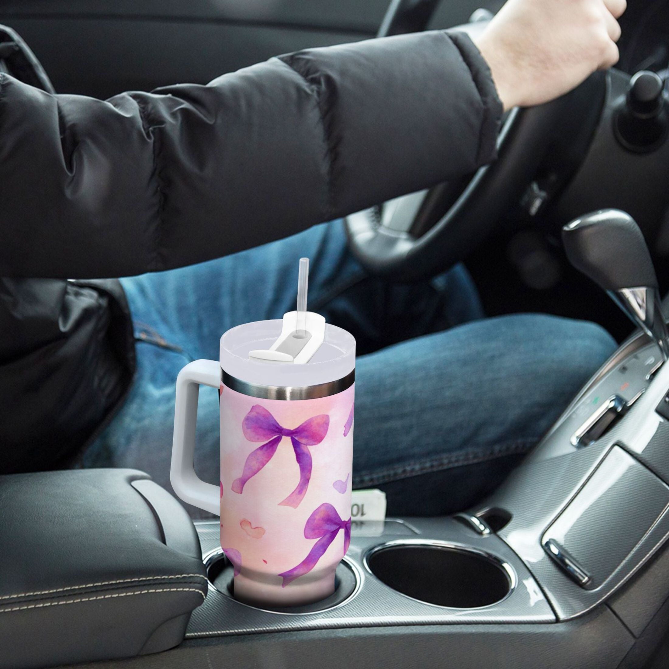 30 oz Insulated Stainless Steel Tumbler Double Wall Stainless Steel Tumbler with 2-Way Drinking Watercolor Purple Bows - X6M9