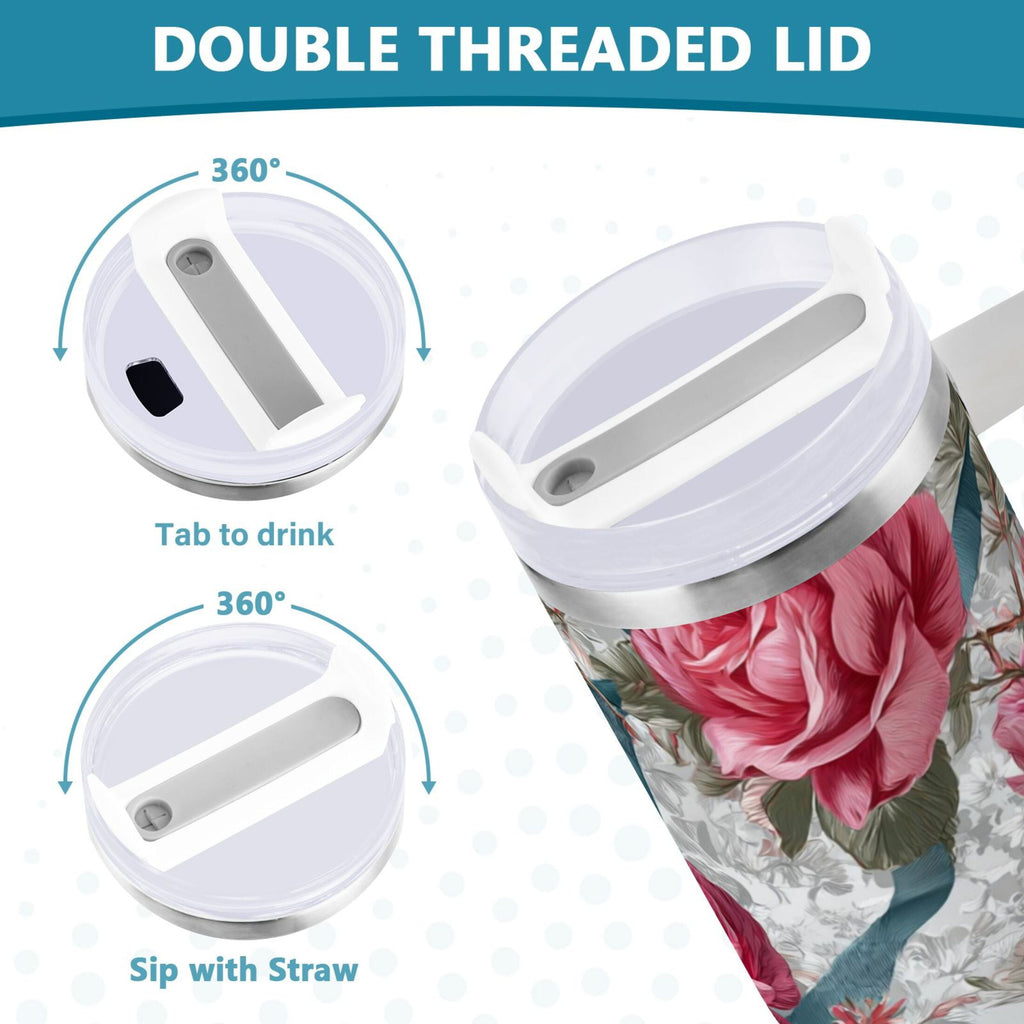 30 oz Insulated Stainless Steel Tumbler Double Wall Stainless Steel Tumbler with 2-Way Drinking Roses and Ribbons - R476