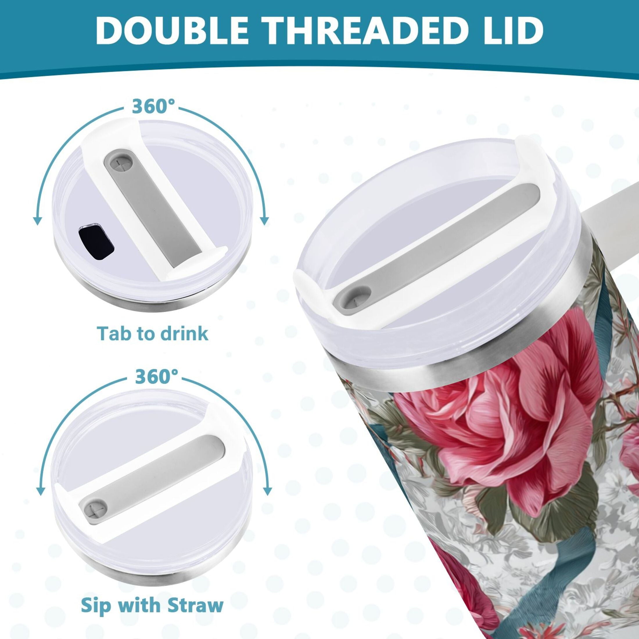 30 oz Insulated Stainless Steel Tumbler Double Wall Stainless Steel Tumbler with 2-Way Drinking Roses and Ribbons - R476