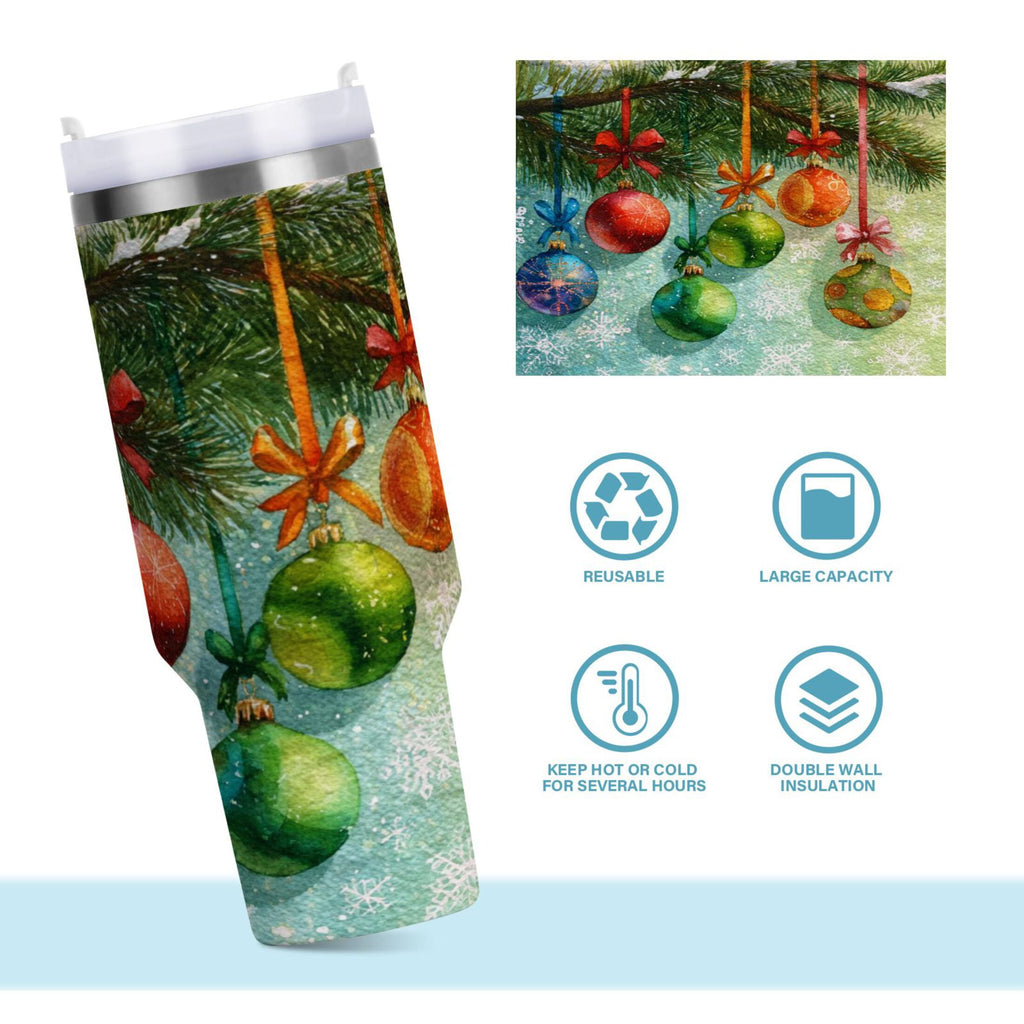 30 oz Insulated Stainless Steel Tumbler Double Wall Stainless Steel Tumbler with 2-Way Drinking Christmas Ornaments Watercolor Painting - 9MZY