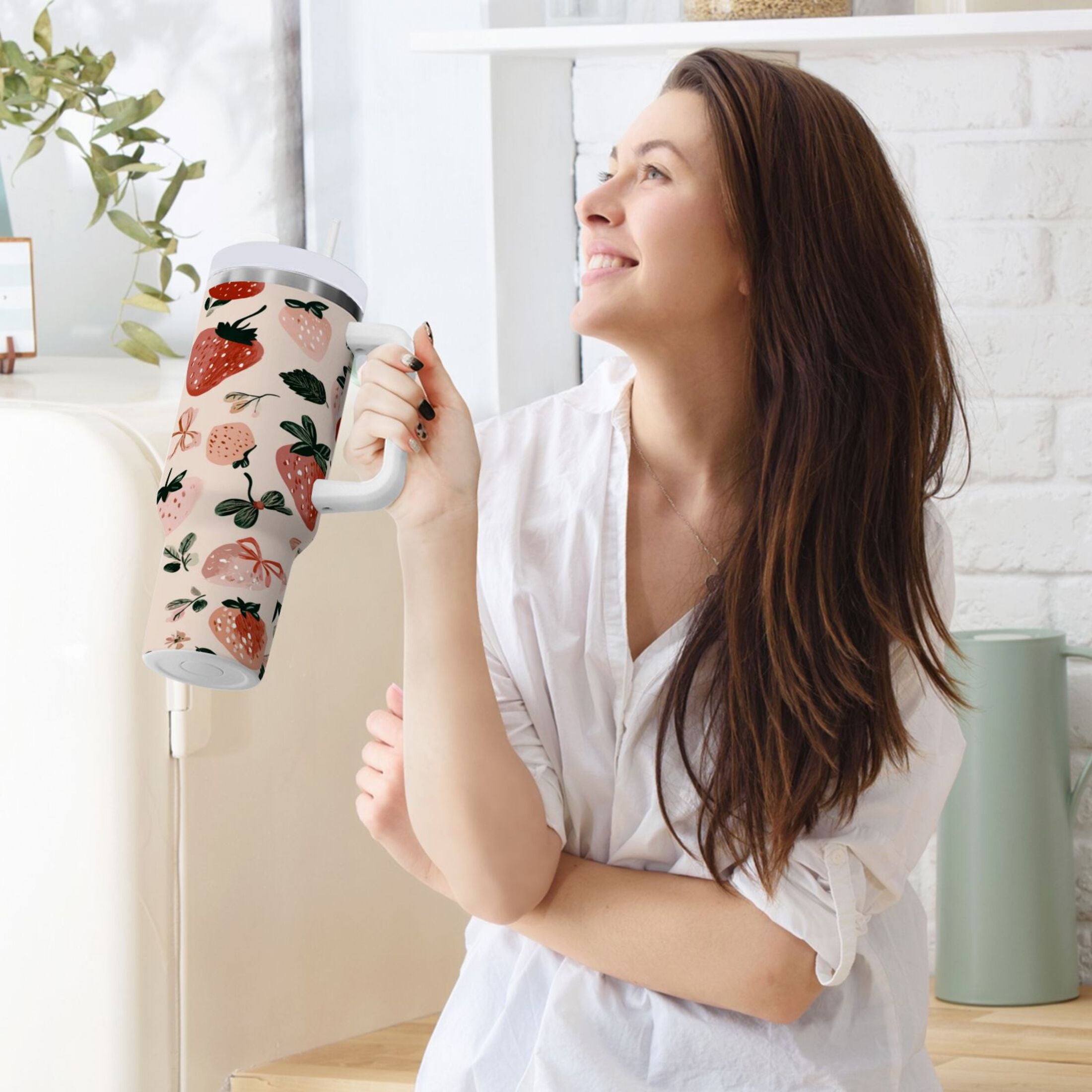 30 oz Insulated Stainless Steel Tumbler Double Wall Stainless Steel Tumbler with 2-Way Drinking Cute Pinks Strawberries - 3FLG