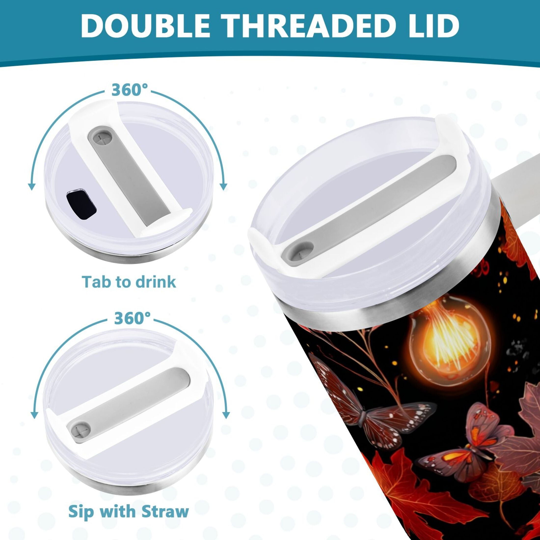 40 oz Insulated Stainless Steel Tumbler Double Wall Stainless Steel Tumbler with 2-Way Drinking Light Bulbs and Maple Leaves - E3V2
