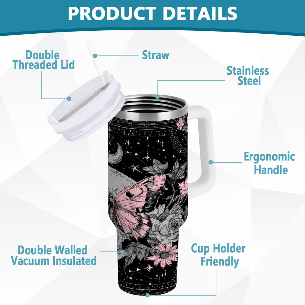30 oz Insulated Stainless Steel Tumbler Double Wall Stainless Steel Tumbler with 2-Way Drinking Butterfly by Moon and Flowers - 2MDV