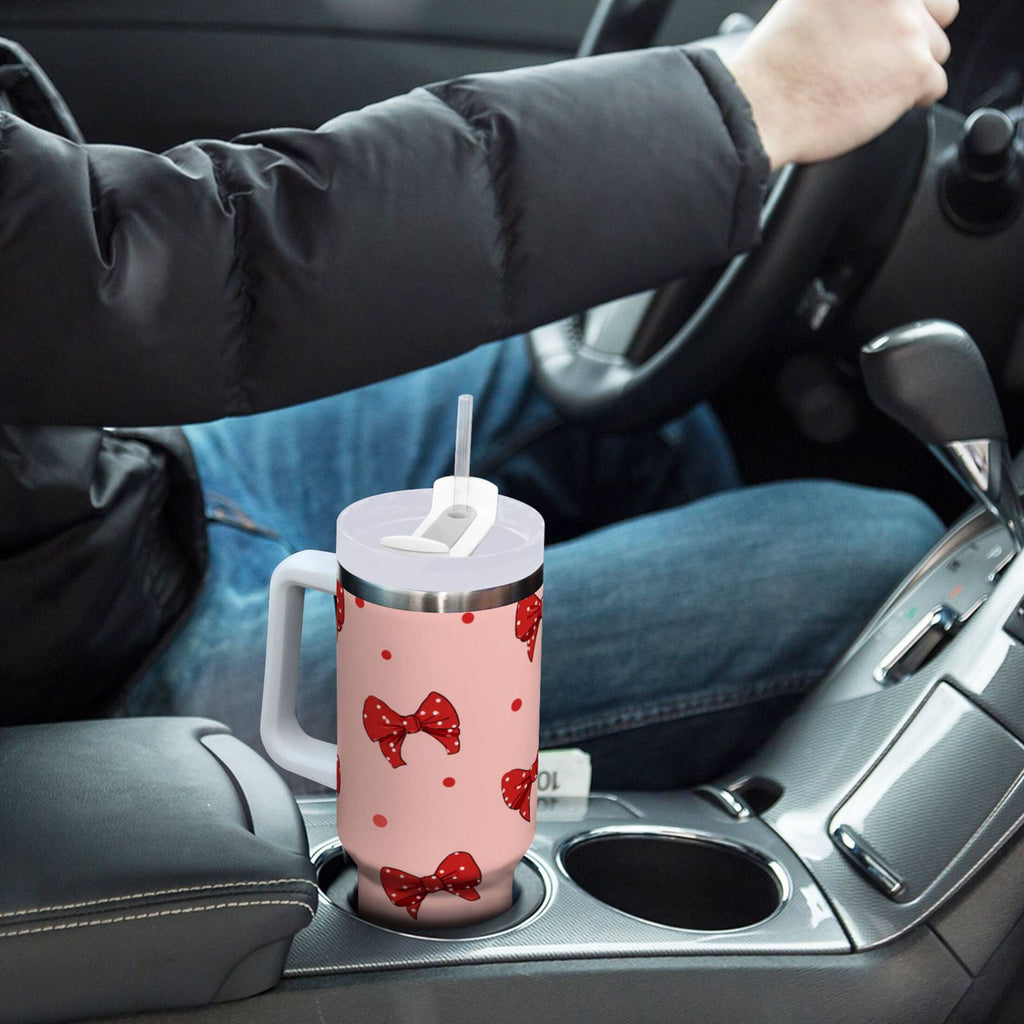 40 oz Insulated Stainless Steel Tumbler Double Wall Stainless Steel Tumbler with 2-Way Drinking Red Bows and Polka Dots - JG7X