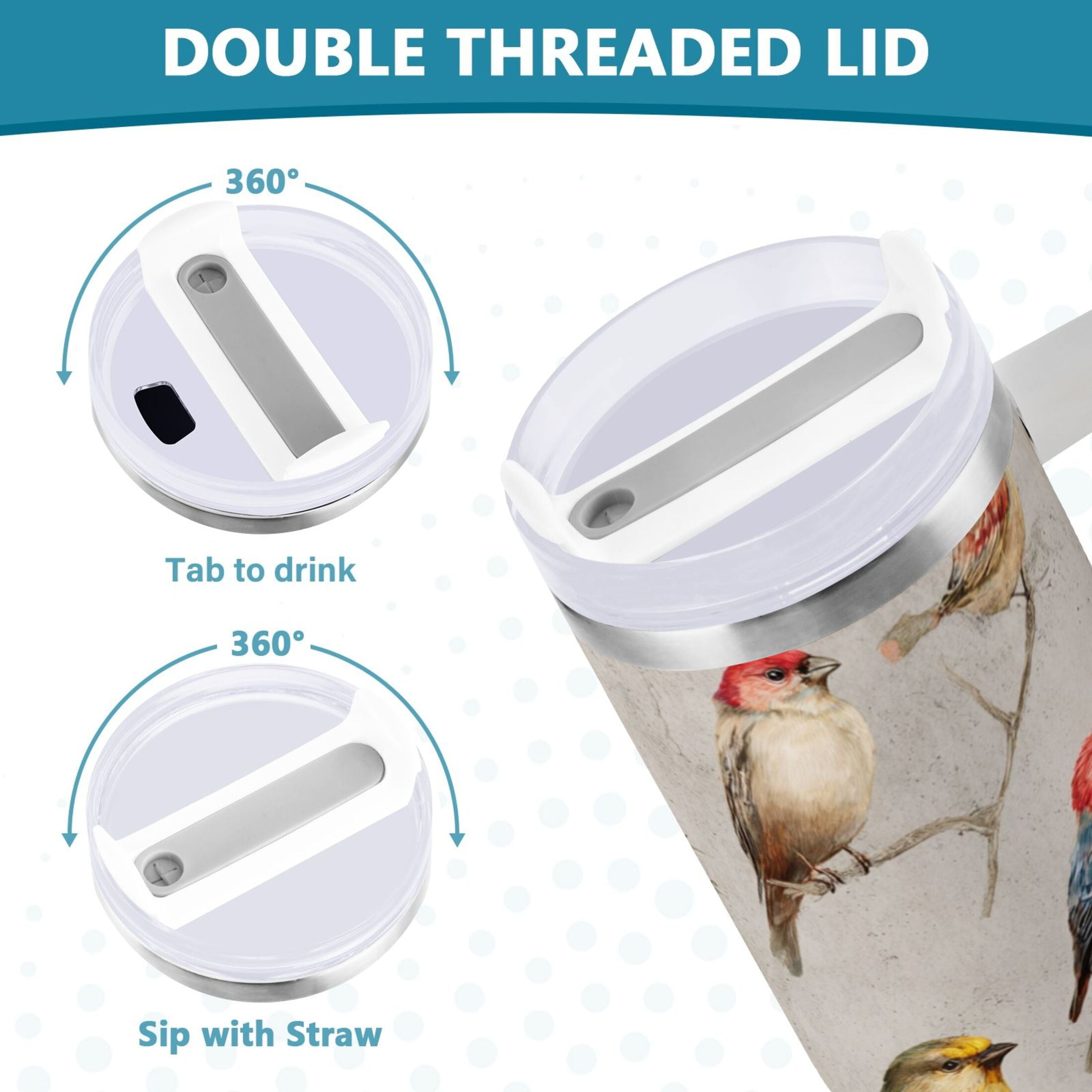 40 oz Insulated Stainless Steel Tumbler Double Wall Stainless Steel Tumbler with 2-Way Drinking Birds Pattern - AKAL