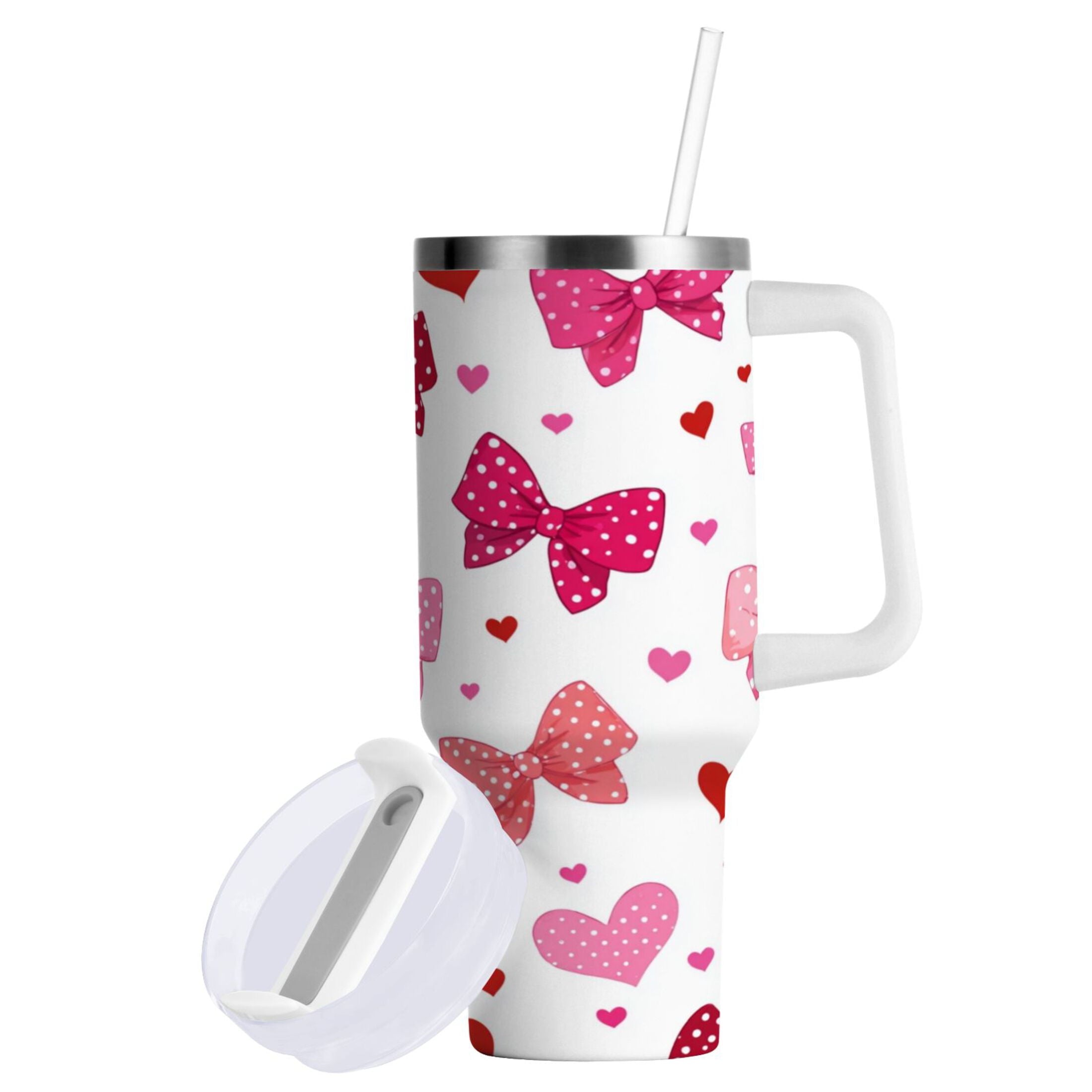 30 oz Insulated Stainless Steel Tumbler Double Wall Stainless Steel Tumbler with 2-Way Drinking Red and Pink Bows - EJXV