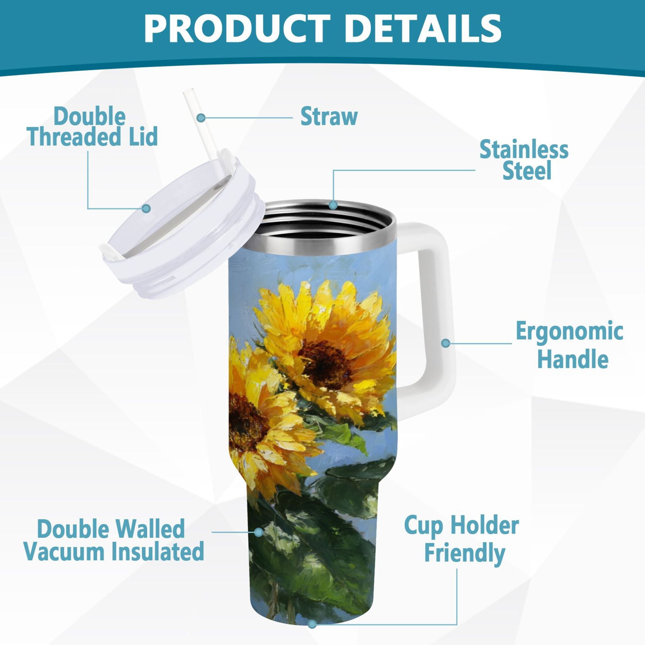 40 oz Insulated Stainless Steel Tumbler Double Wall Stainless Steel Tumbler with 2-Way Drinking Sunflowers Painting - WQK8