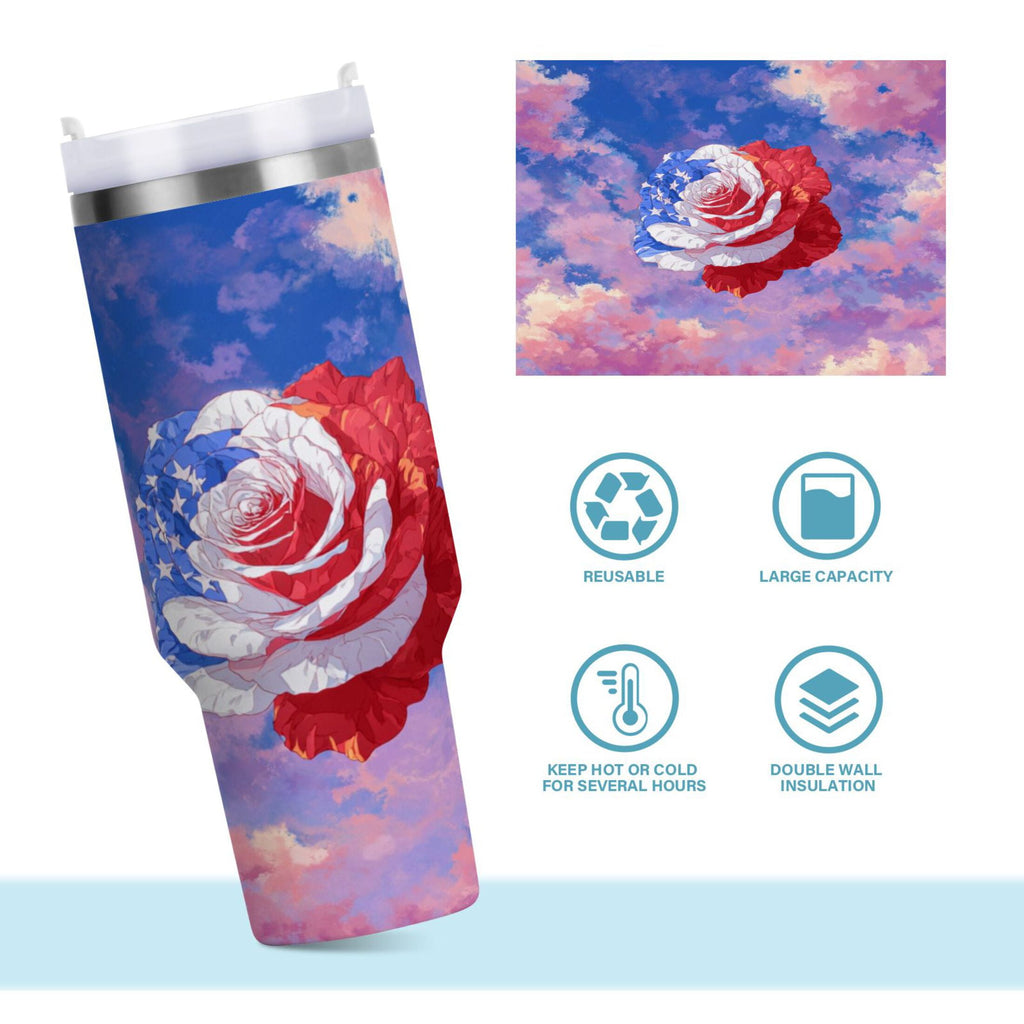 30 oz Insulated Stainless Steel Tumbler Double Wall Stainless Steel Tumbler with 2-Way Drinking Rose with Flag Pattern - GGUS
