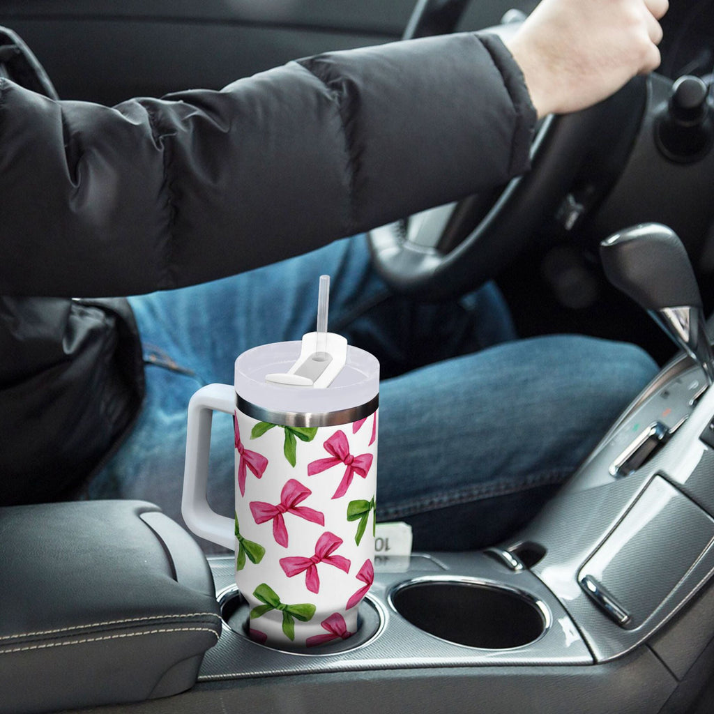 30 oz Insulated Stainless Steel Tumbler Double Wall Stainless Steel Tumbler with 2-Way Drinking Pink Bows and Green Ribbons - SUSJ