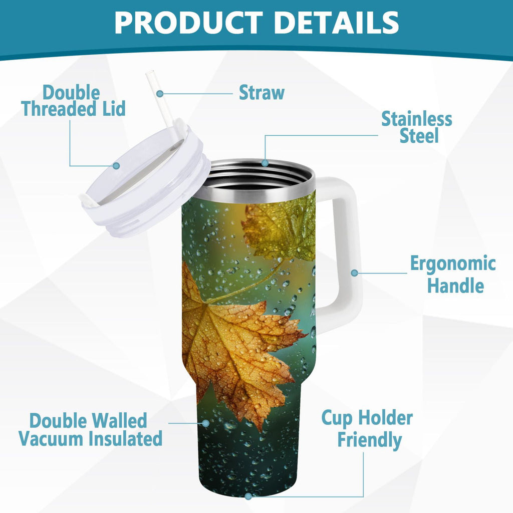 30 oz Insulated Stainless Steel Tumbler Double Wall Stainless Steel Tumbler with 2-Way Drinking Leaves with Water Droplets - AWJL