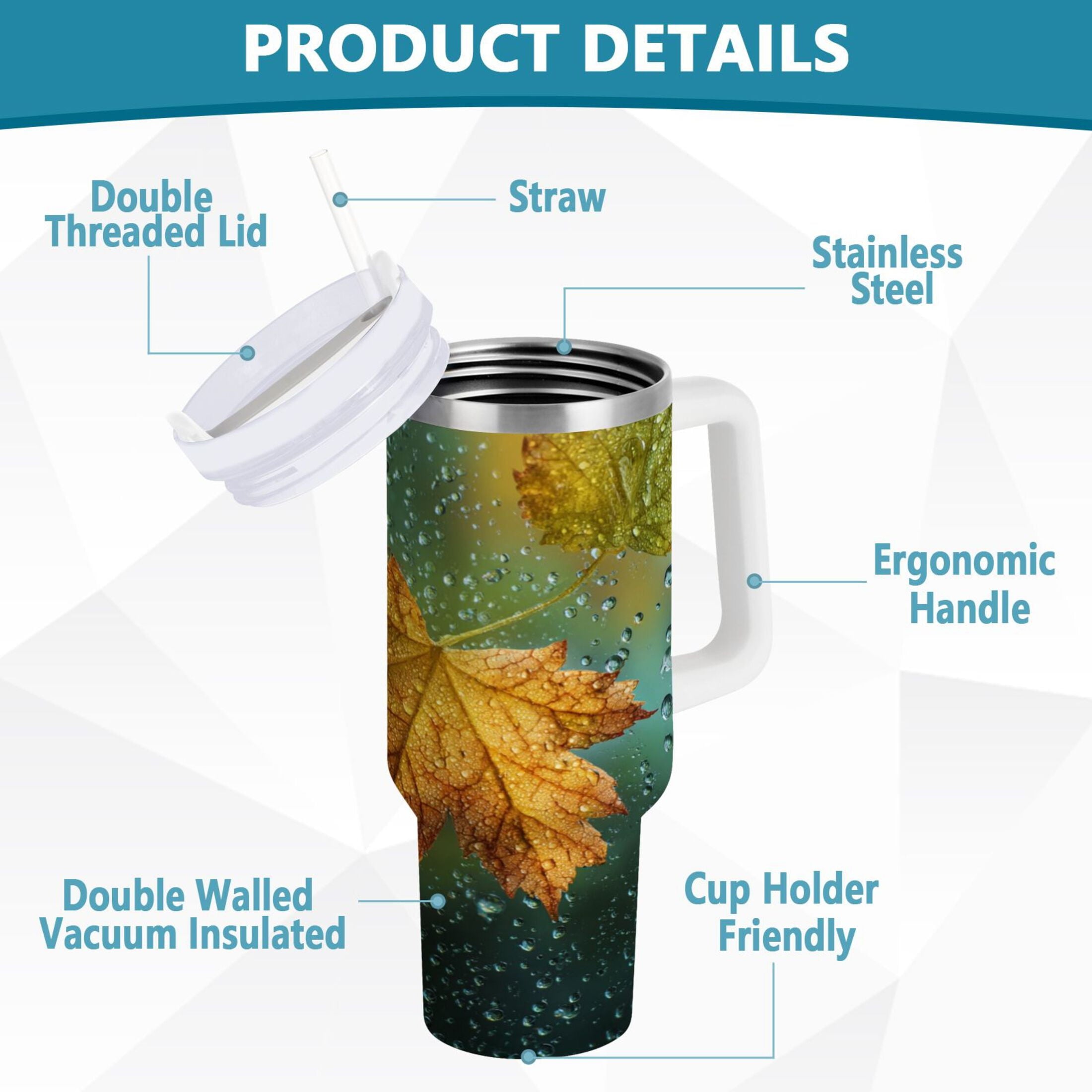 30 oz Insulated Stainless Steel Tumbler Double Wall Stainless Steel Tumbler with 2-Way Drinking Leaves with Water Droplets - AWJL