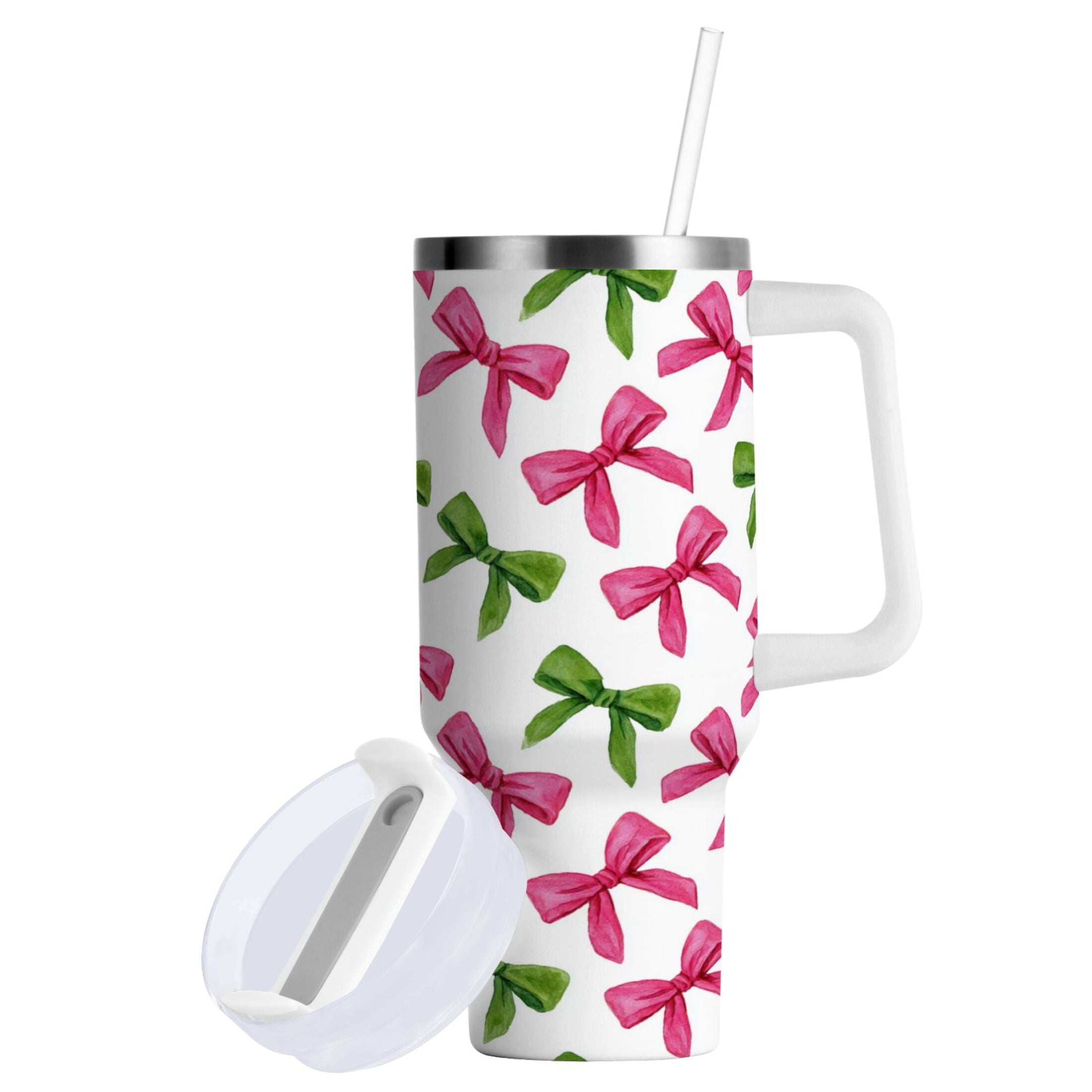 30 oz Insulated Stainless Steel Tumbler Double Wall Stainless Steel Tumbler with 2-Way Drinking Pink Bows and Green Ribbons - SUSJ