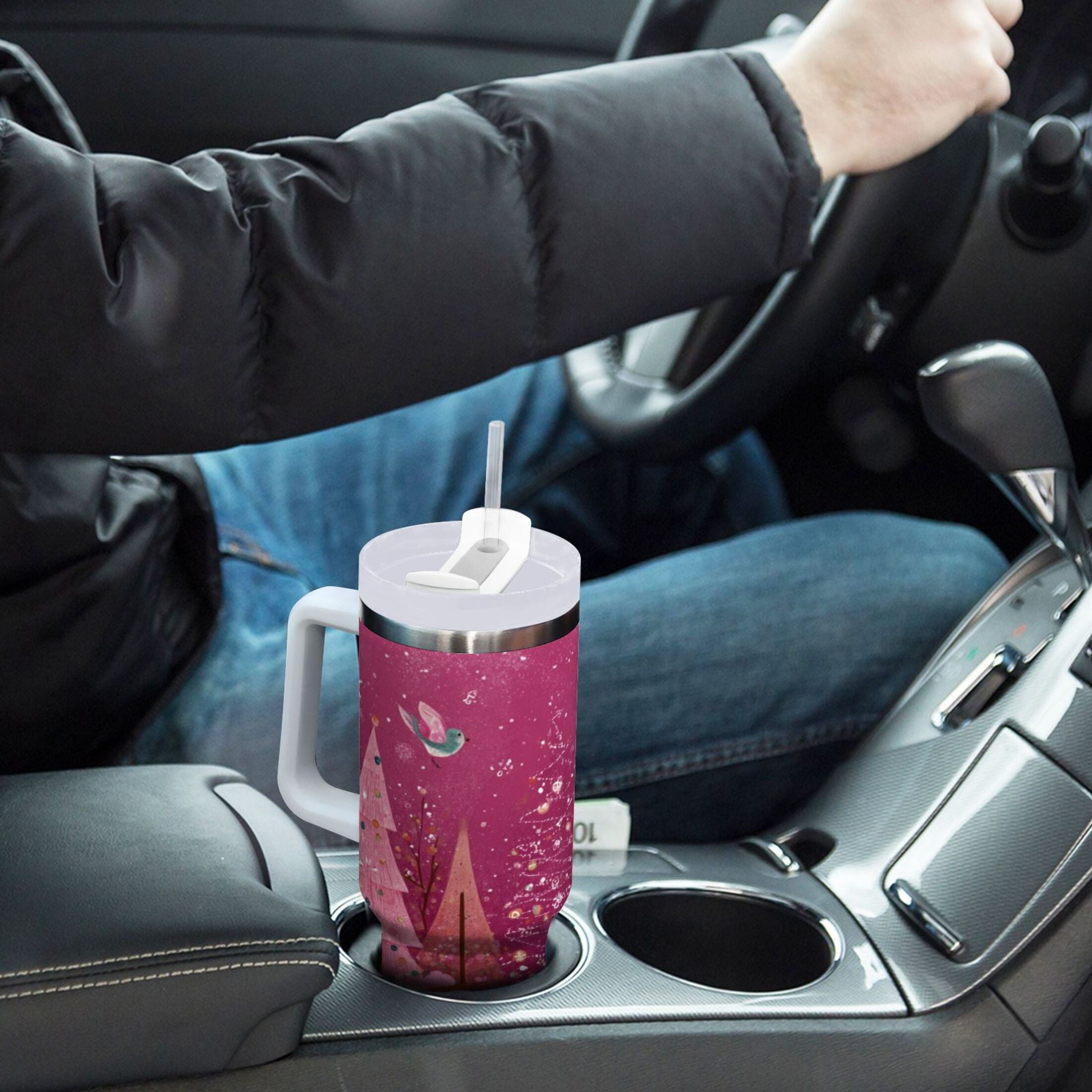 40 oz Insulated Stainless Steel Tumbler Double Wall Stainless Steel Tumbler with 2-Way Drinking Pink Christmas Forest - UL72