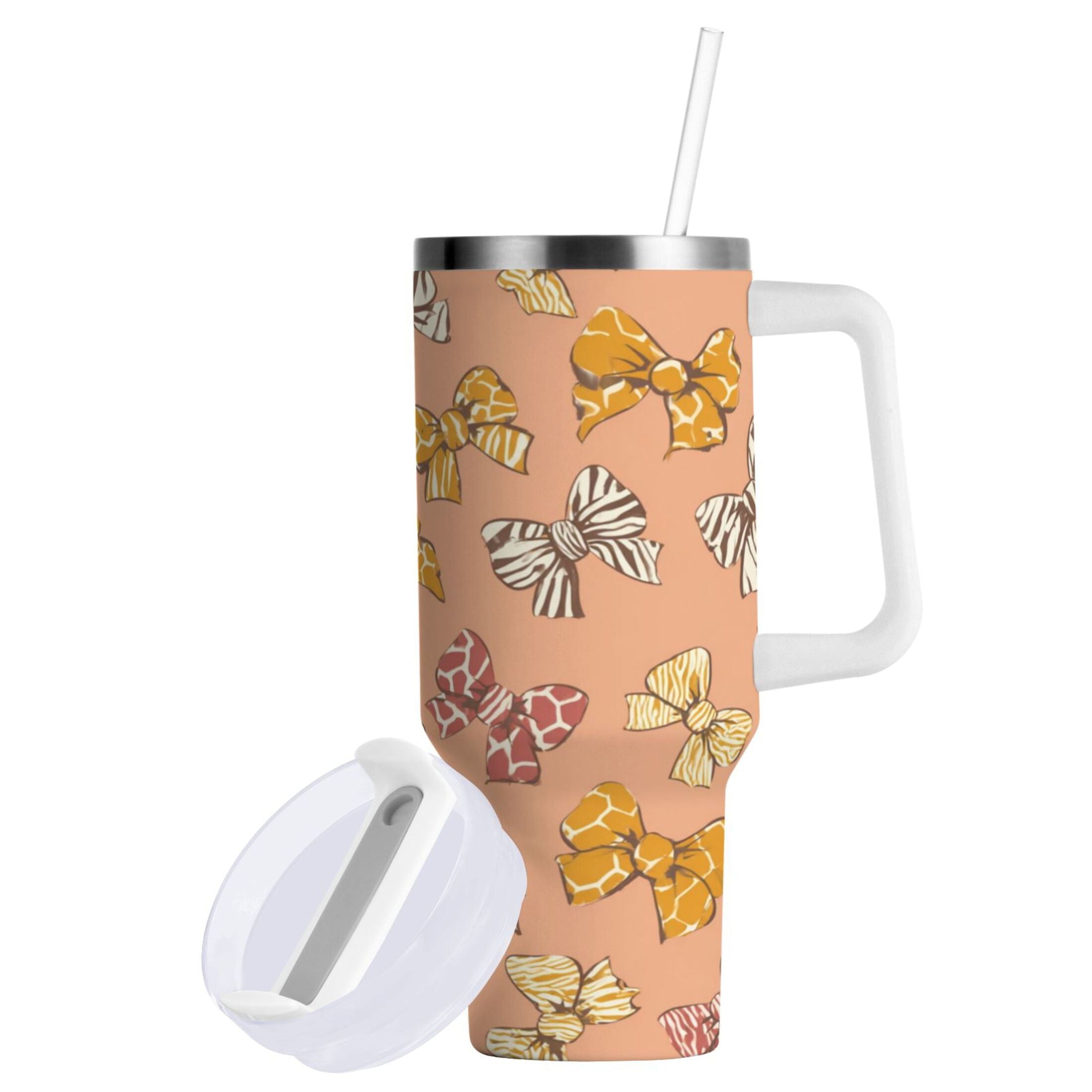 40 oz Insulated Stainless Steel Tumbler Double Wall Stainless Steel Tumbler with 2-Way Drinking Cute Animal Print Bows - 6ZPU