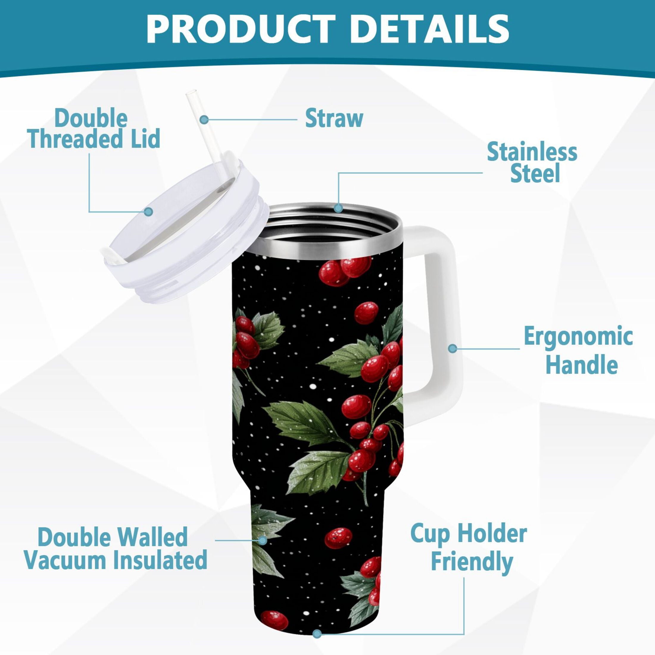 40 oz Insulated Stainless Steel Tumbler Double Wall Stainless Steel Tumbler with 2-Way Drinking Red Holly Berries Pattern - HSVE