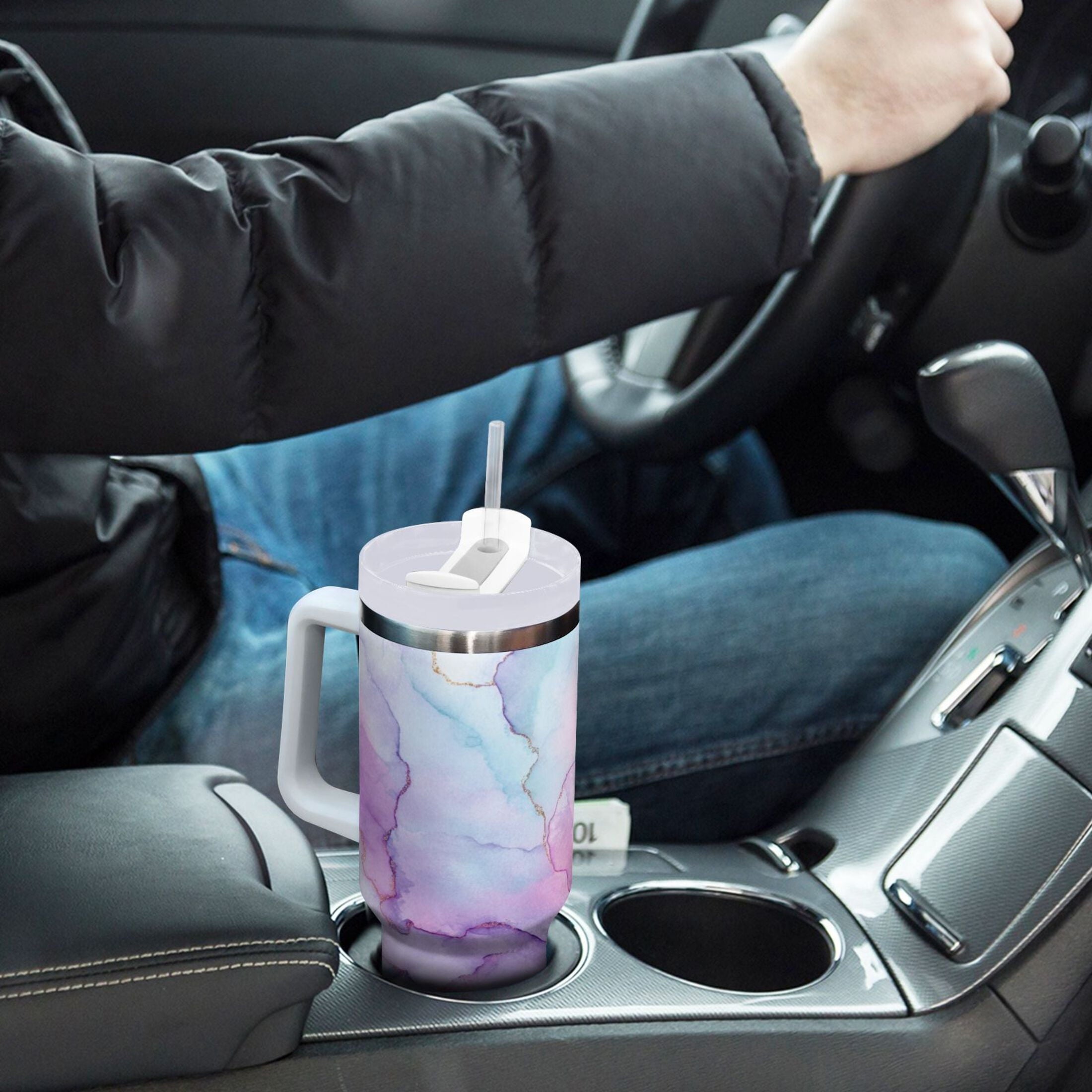 30 oz Insulated Stainless Steel Tumbler Double Wall Stainless Steel Tumbler with 2-Way Drinking Pastel Pink Marble Texture - F7A4
